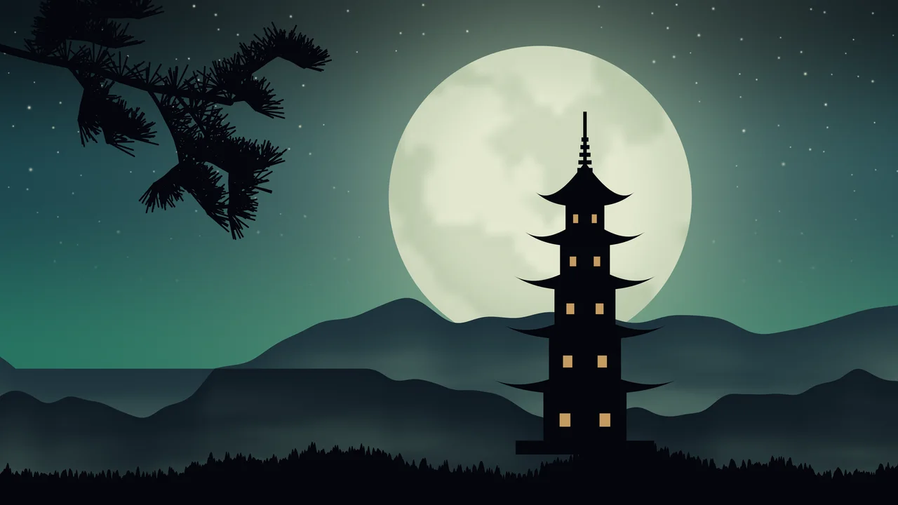 Emerald Japanese Pagoda and Moon desktop wallpaper in 4K