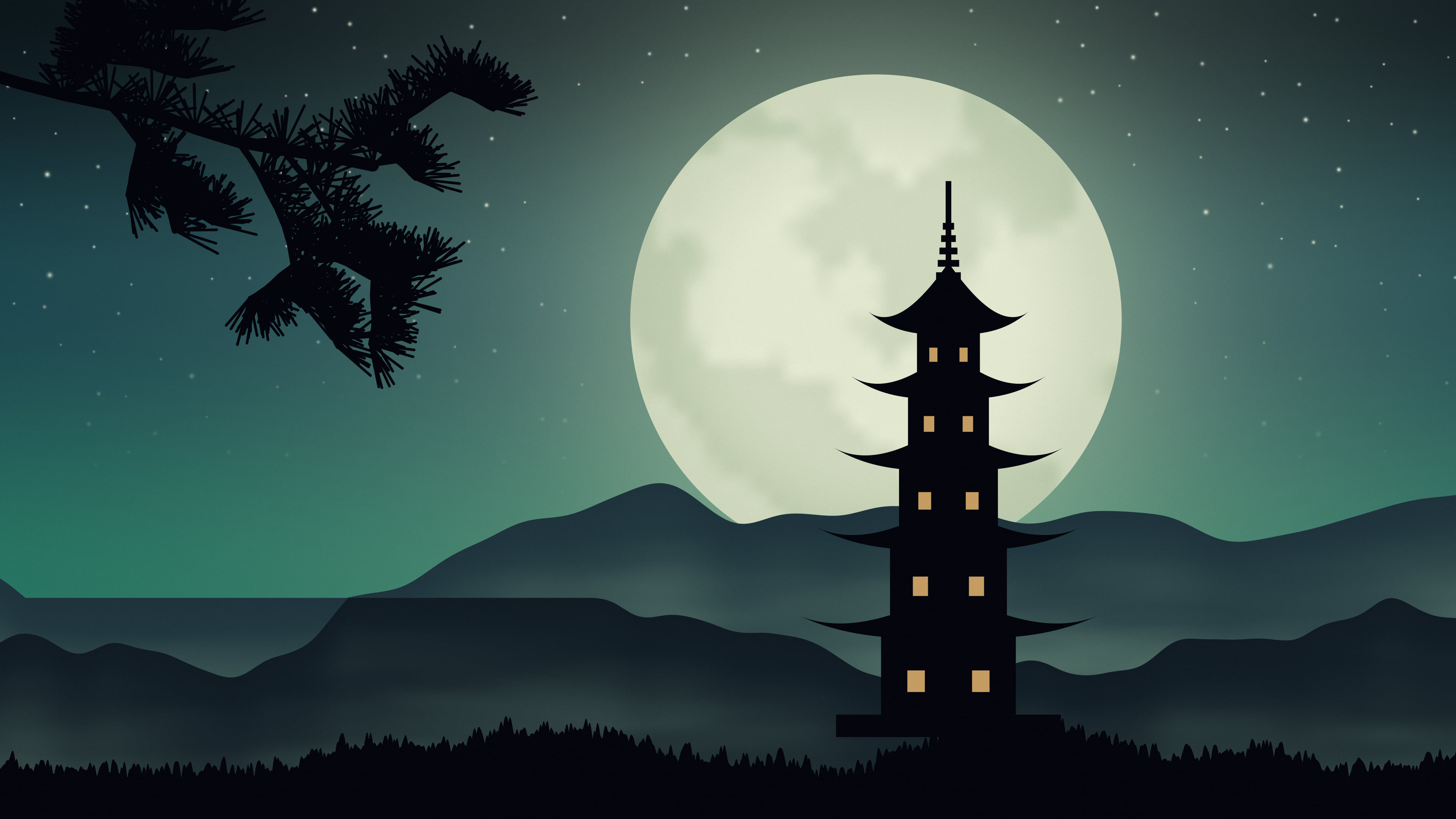 Emerald Japanese Pagoda and Moon desktop wallpaper in 4K