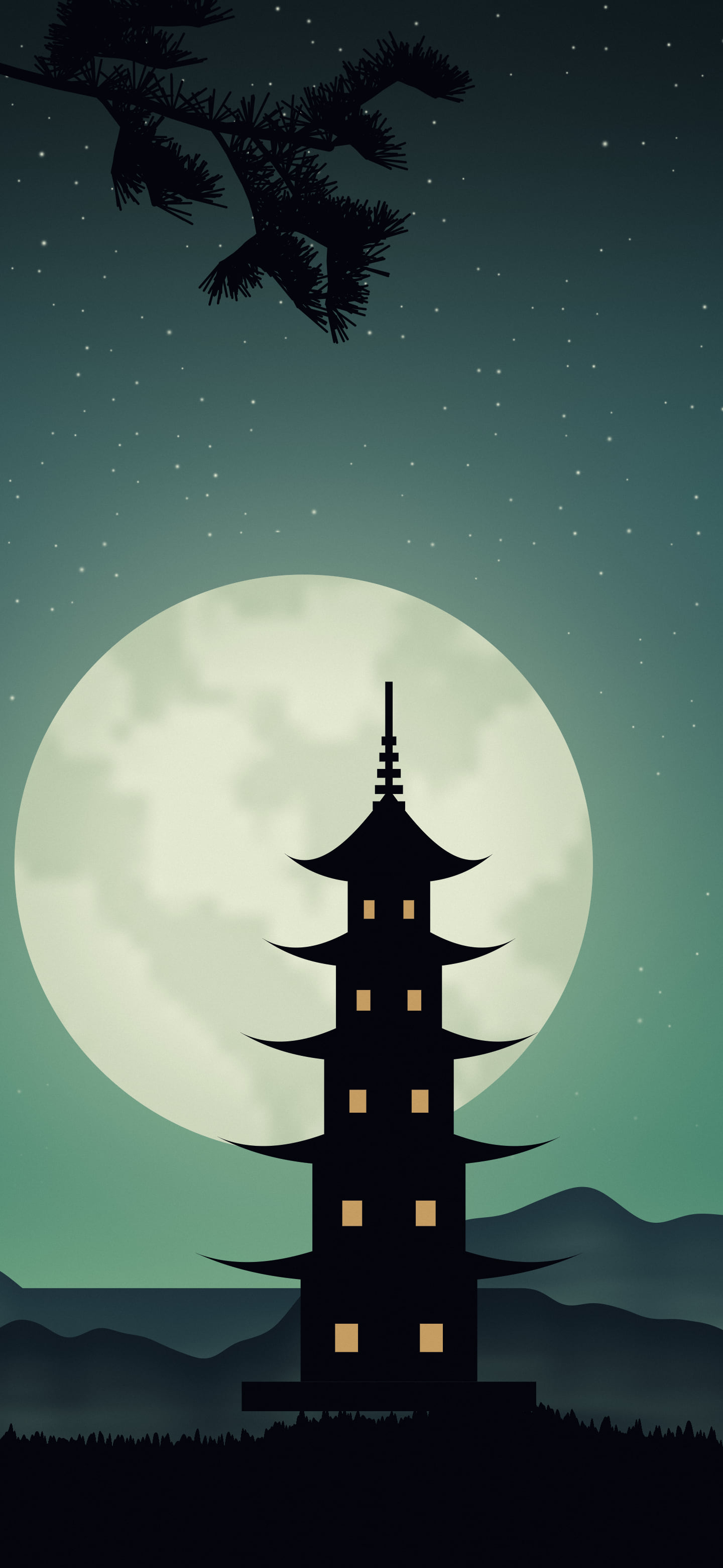 Emerald Japanese Pagoda and Moon wallpaper for iPhone and Android