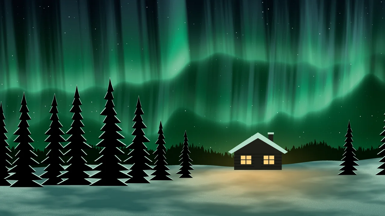 Emerald Northern Lights Cabin desktop wallpaper in 4K