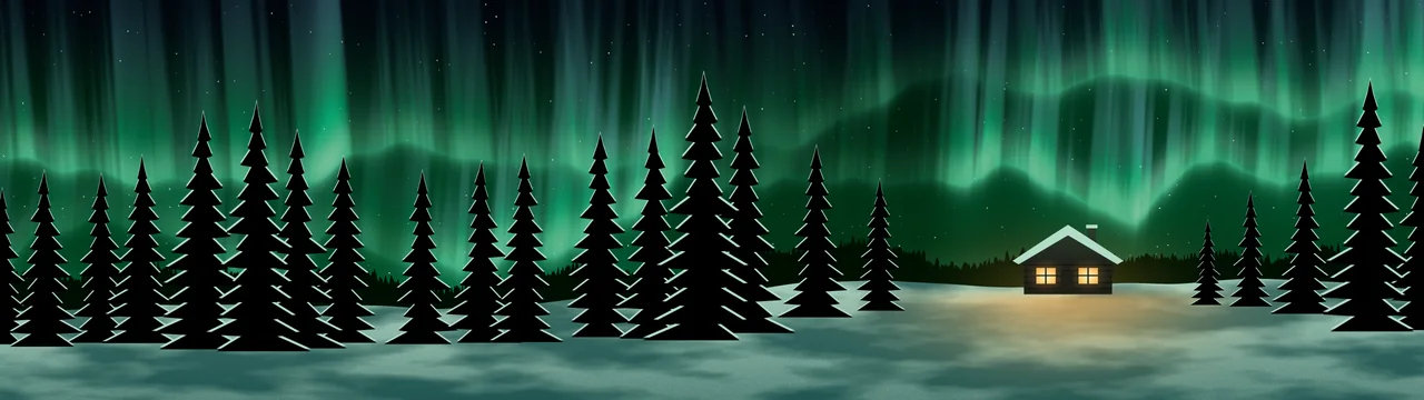 Emerald Northern Lights Cabin dual monitor wallpaper, 7680 × 2160