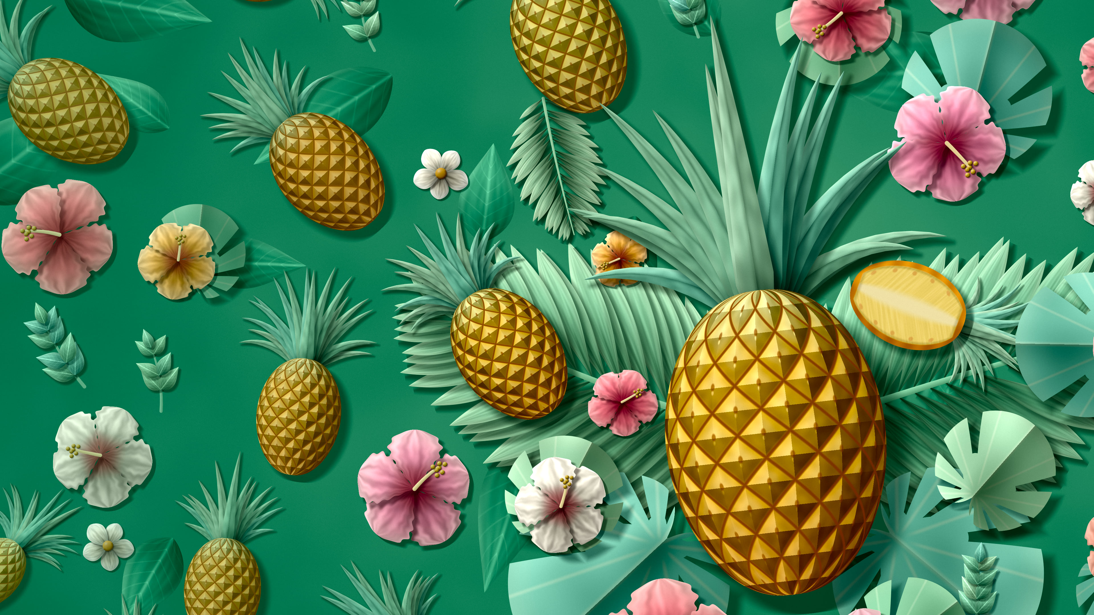 Emerald Paper Pineapples and Hibiscus desktop wallpaper in 4K