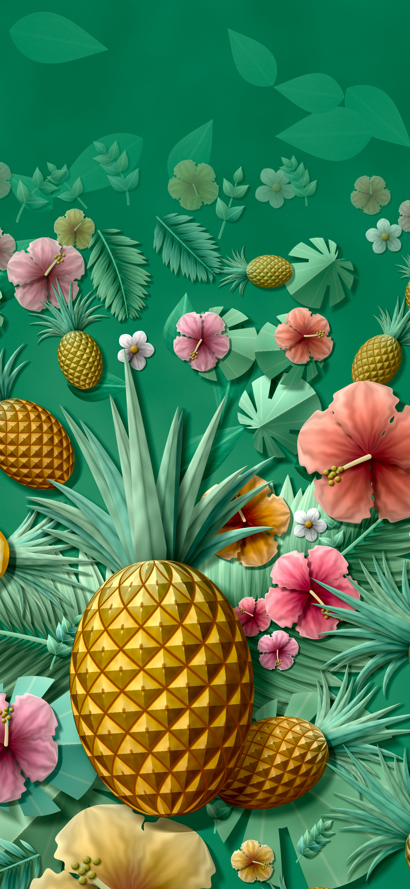 Emerald Paper Pineapples and Hibiscus wallpaper for iPhone and Android
