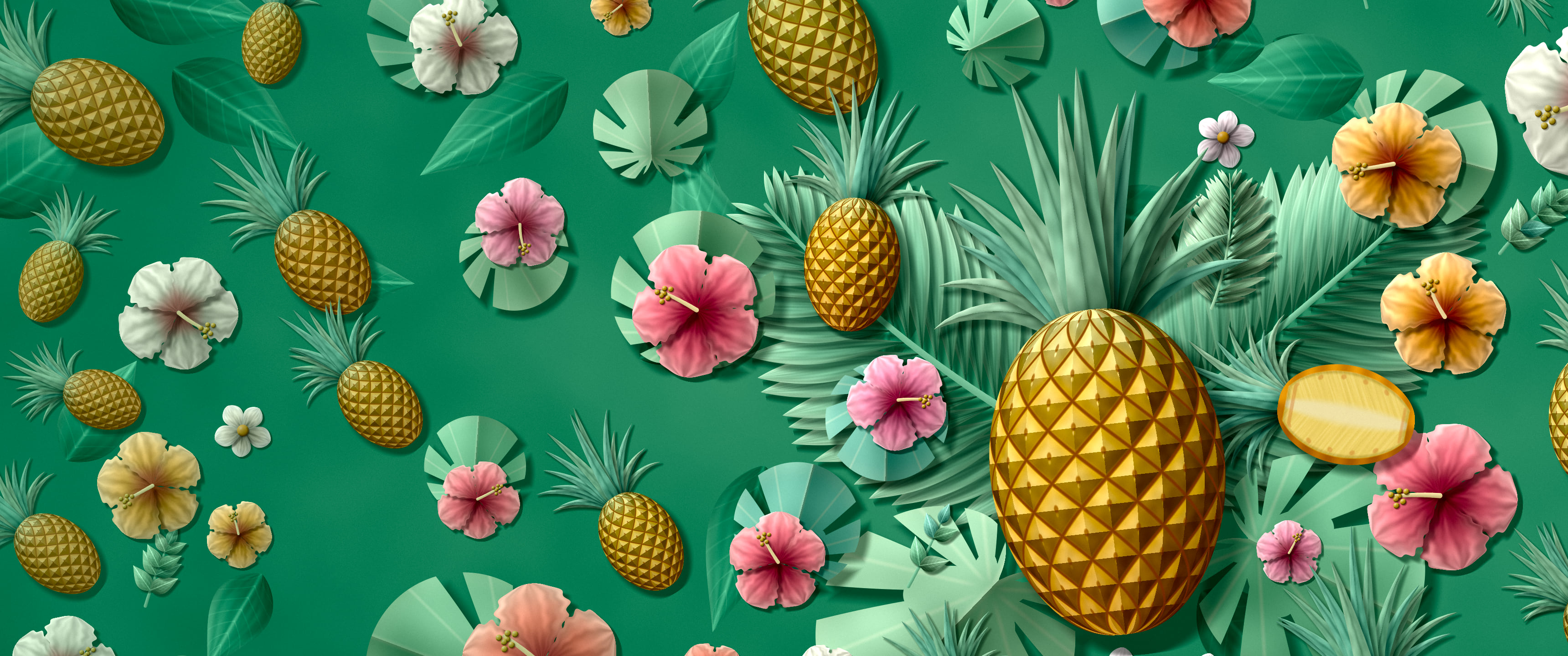 Emerald Paper Pineapples and Hibiscus ultrawide wallpaper, 3440 × 1440