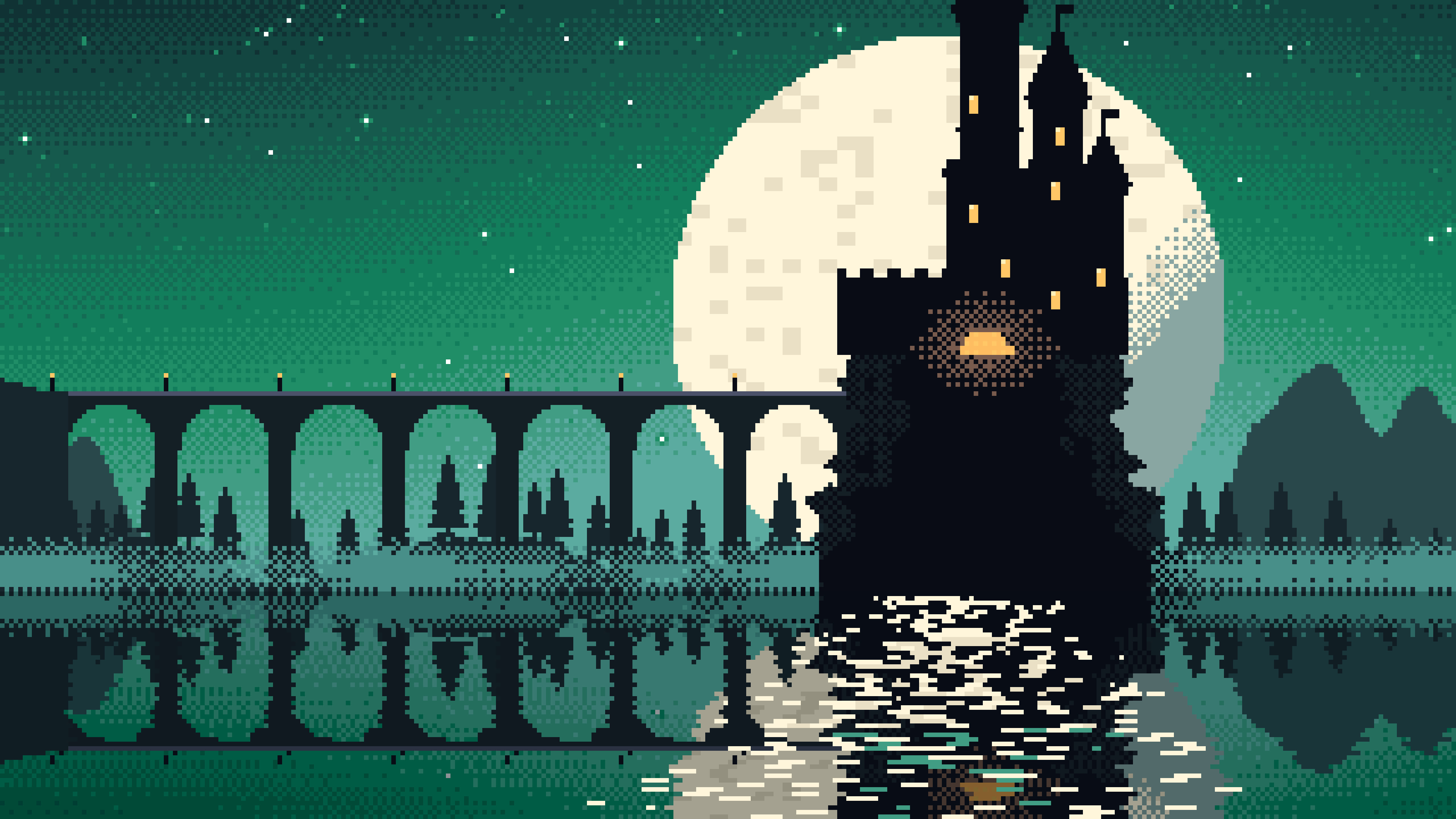 Emerald Pixel Art Castle desktop wallpaper in 4K
