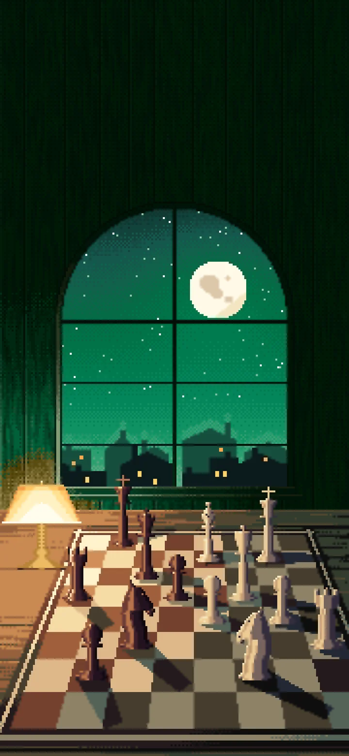 Emerald Pixel Art Chess Board by a Moonlit Window wallpaper for iPhone and Android