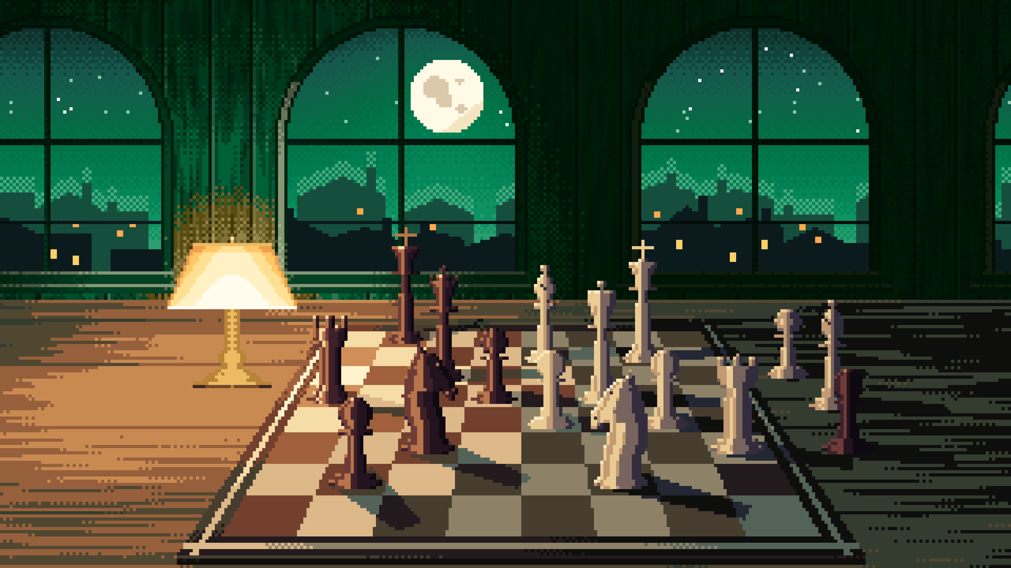 Emerald Pixel Art Chess Board by a Moonlit Window desktop wallpaper in 4K