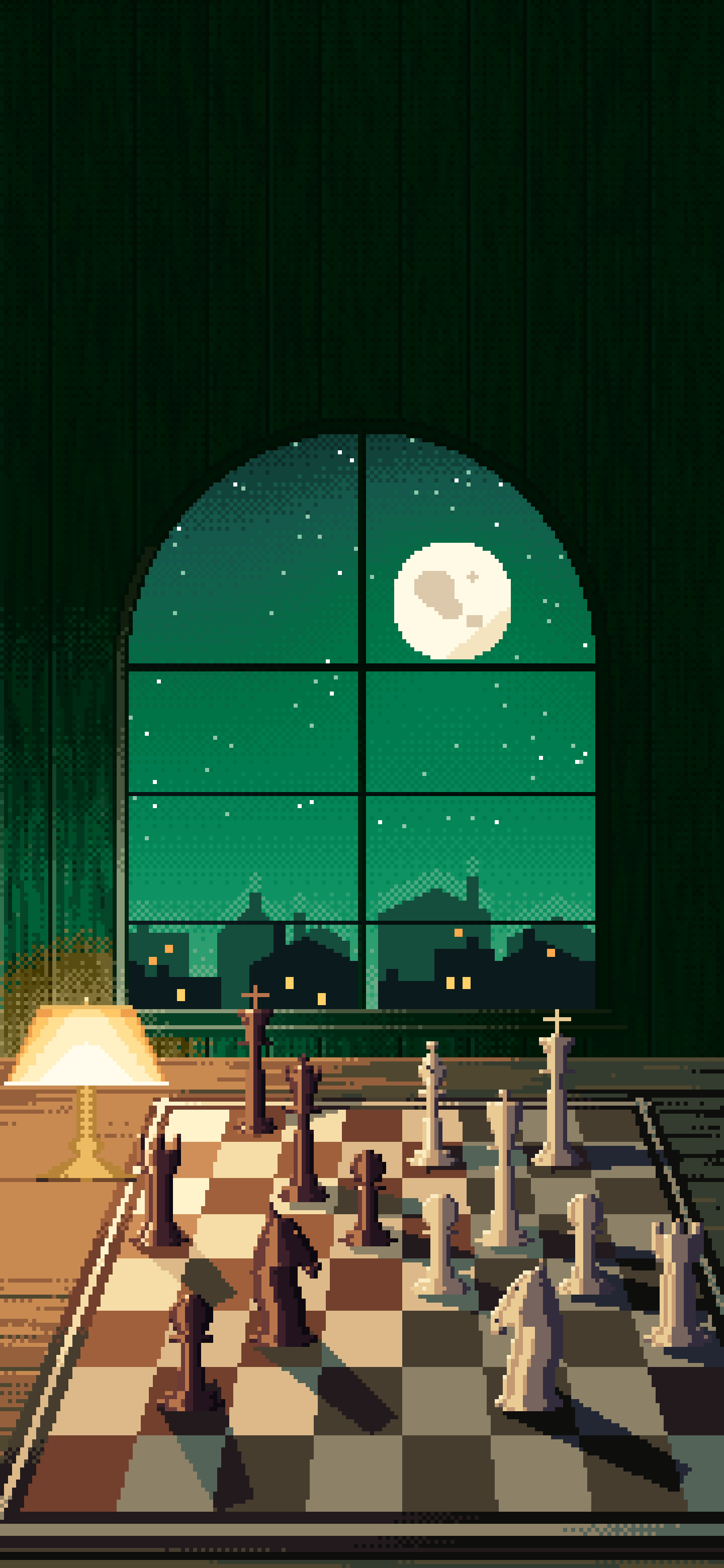Emerald Pixel Art Chess Board by a Moonlit Window wallpaper for iPhone and Android