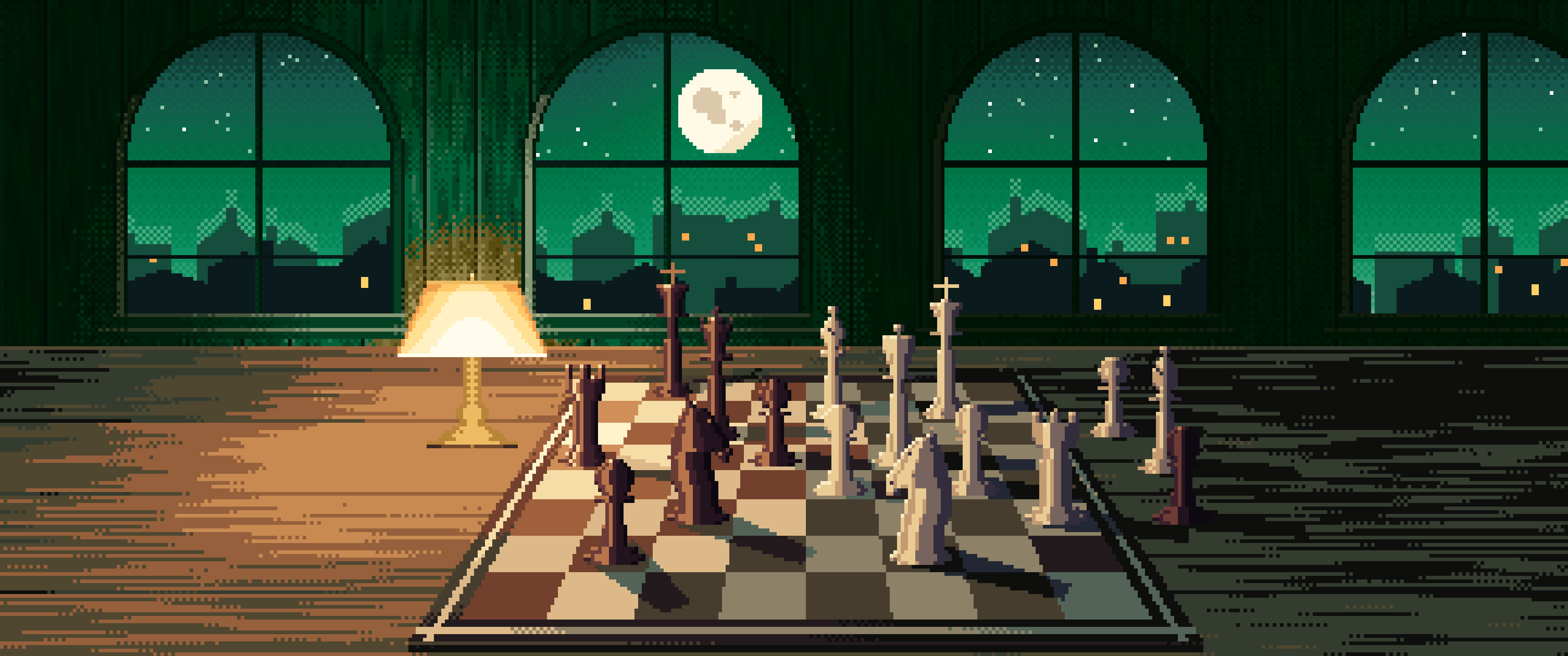 Emerald Pixel Art Chess Board by a Moonlit Window ultrawide wallpaper, 3440 × 1440