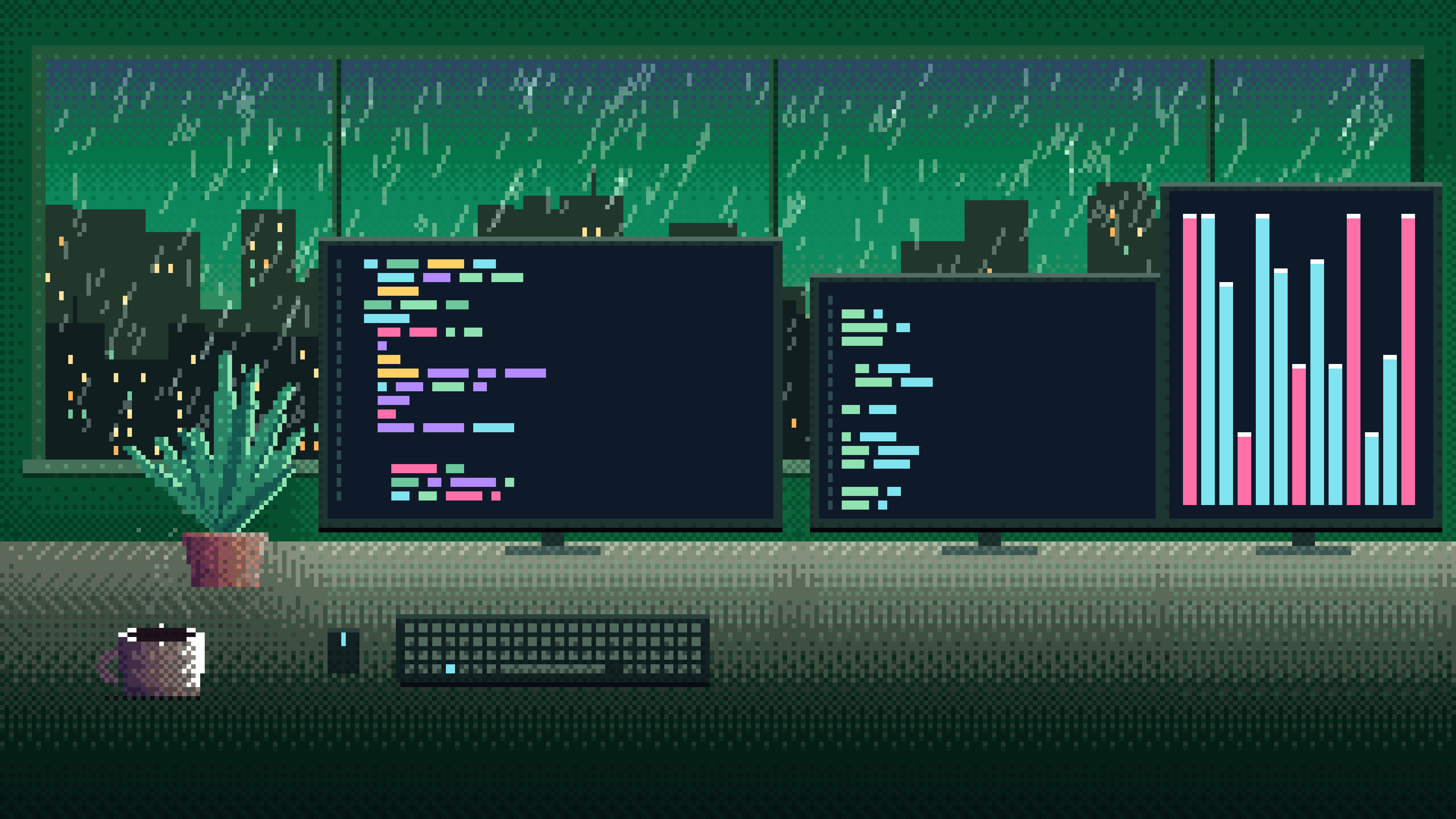 Emerald Pixel Art Coding Desk desktop wallpaper in 4K