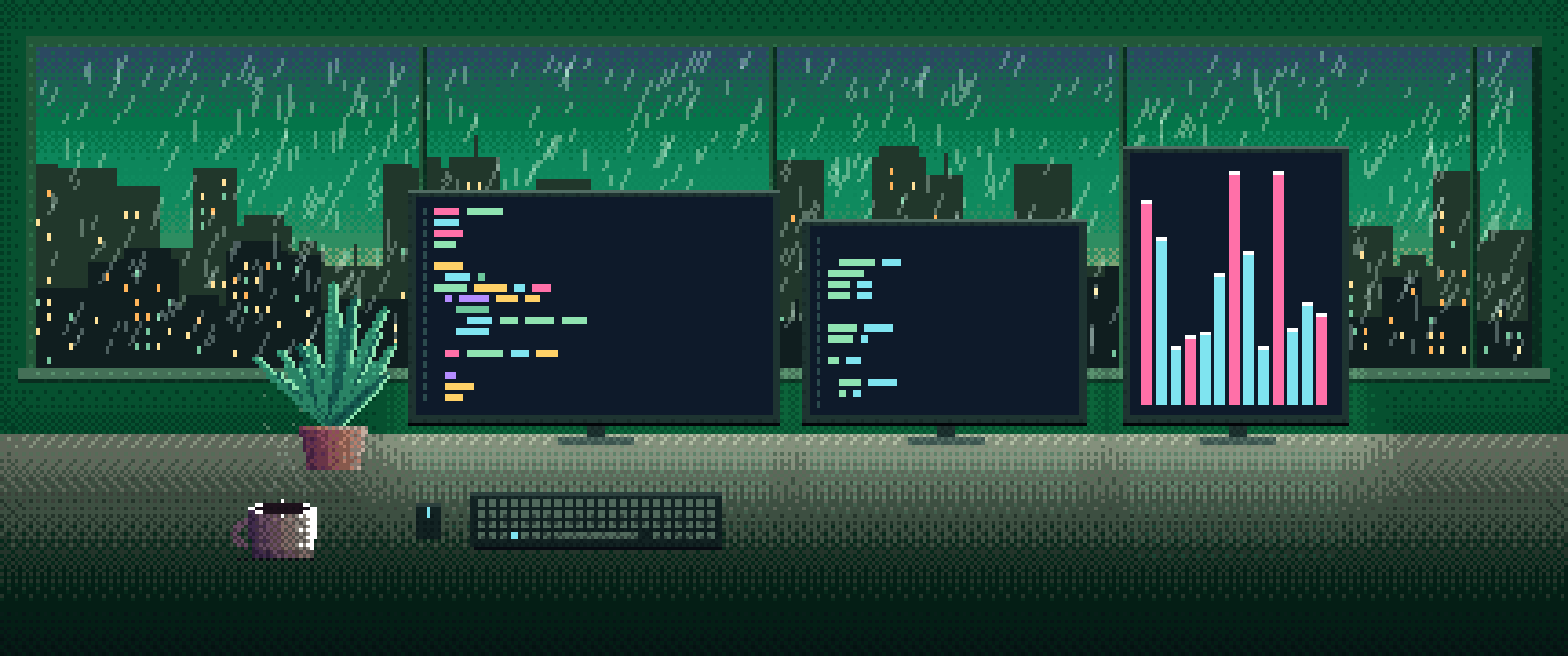 Emerald Pixel Art Coding Desk ultrawide wallpaper, 3440 × 1440
