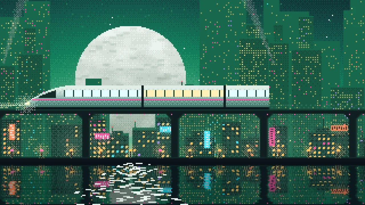 Emerald Pixel Art Cyberpunk Monorail and Moon desktop wallpaper in 4K