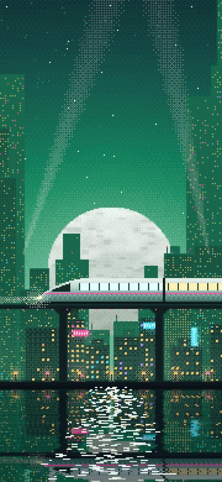 Emerald Pixel Art Cyberpunk Monorail and Moon wallpaper for iPhone and Android