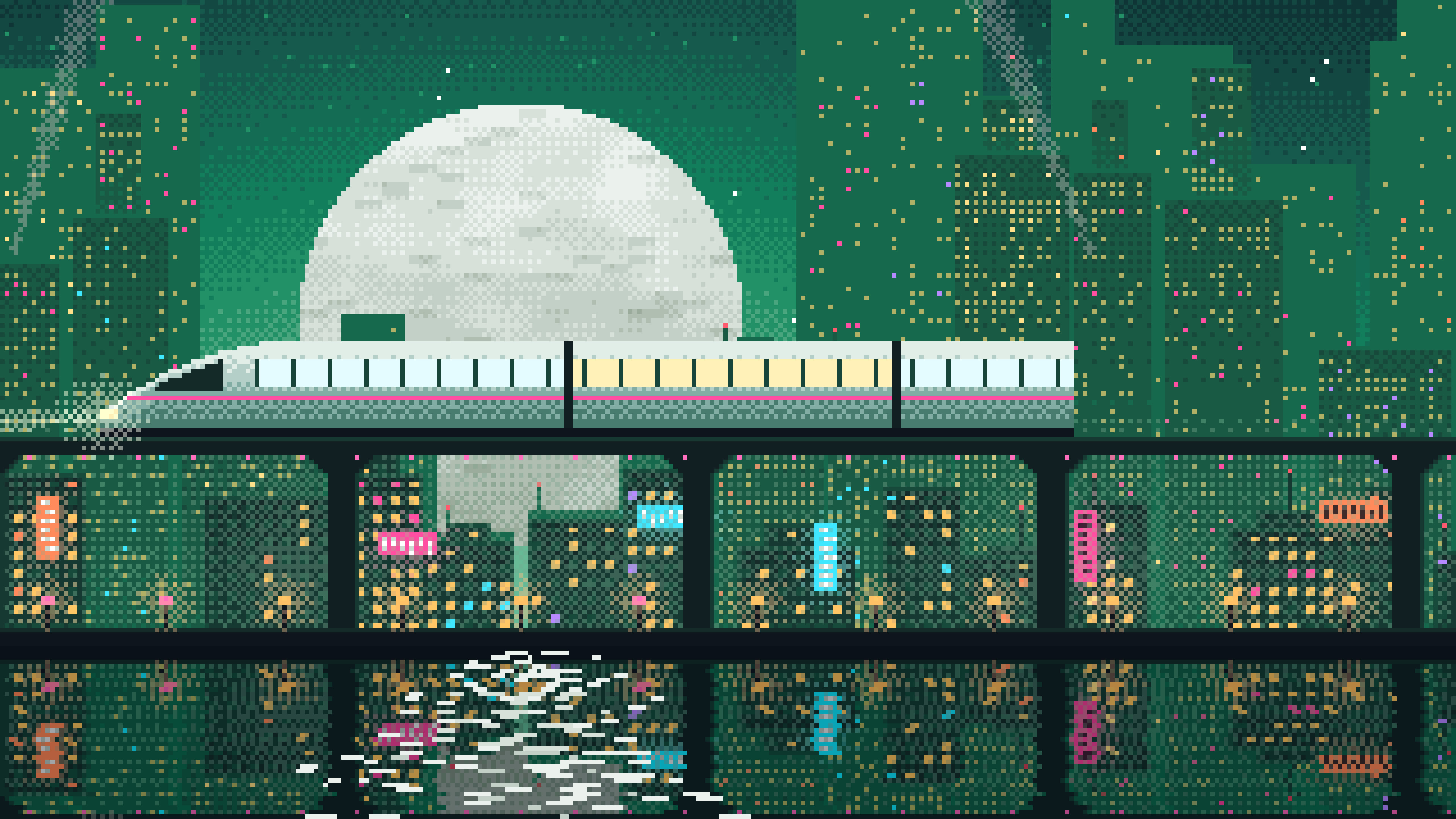 Emerald Pixel Art Cyberpunk Monorail and Moon desktop wallpaper in 4K