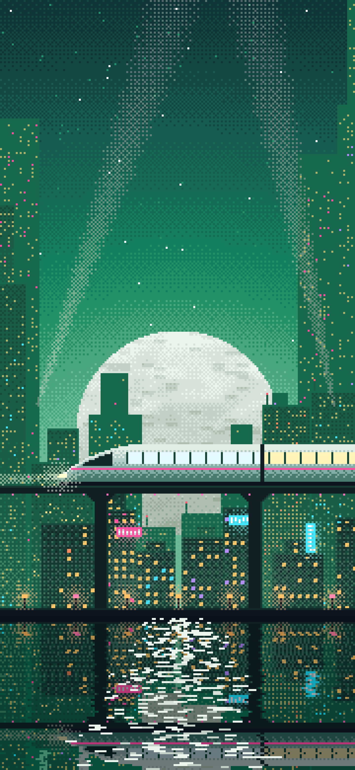Emerald Pixel Art Cyberpunk Monorail and Moon wallpaper for iPhone and Android