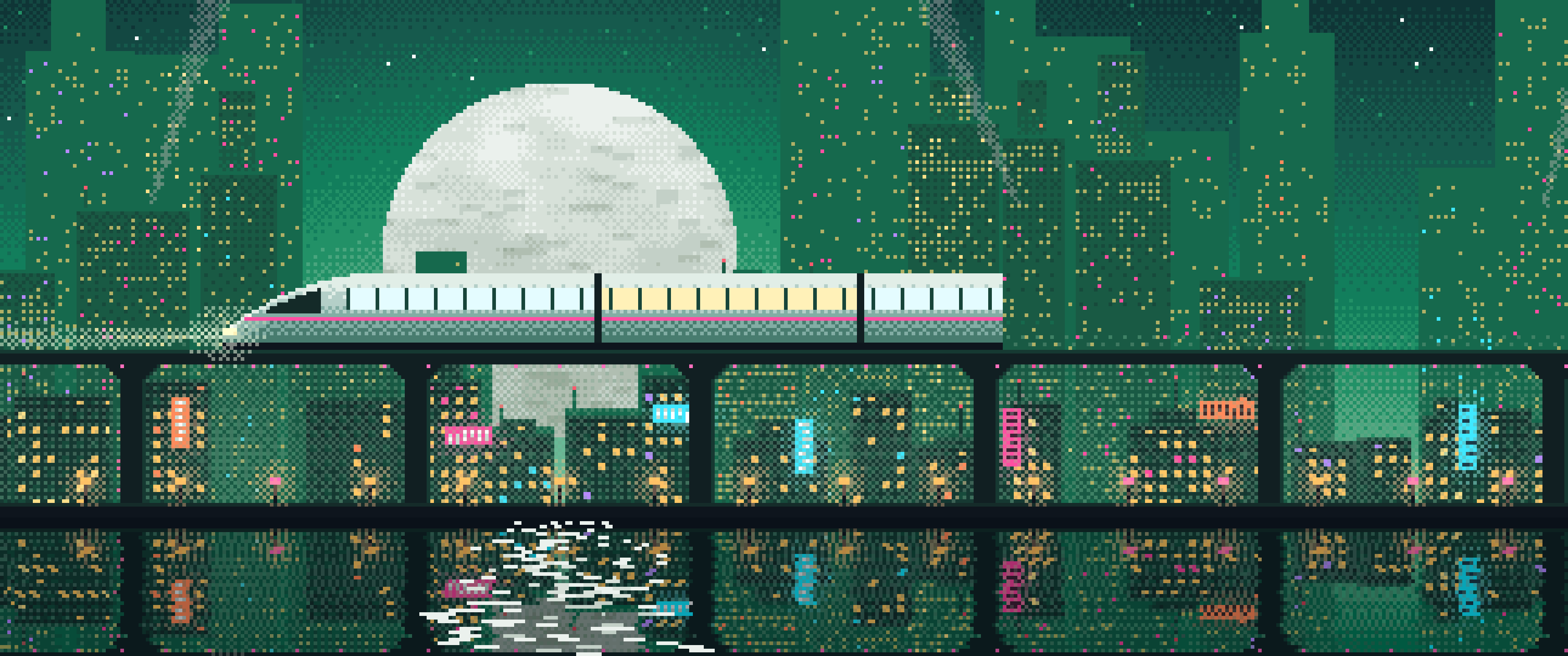 Emerald Pixel Art Cyberpunk Monorail and Moon ultrawide wallpaper, 3440 × 1440