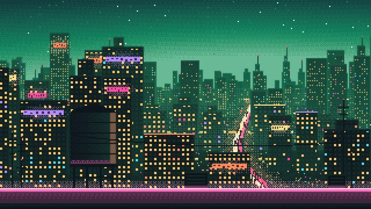 Emerald Pixel Art Cyberpunk Rooftop City View desktop wallpaper in 4K