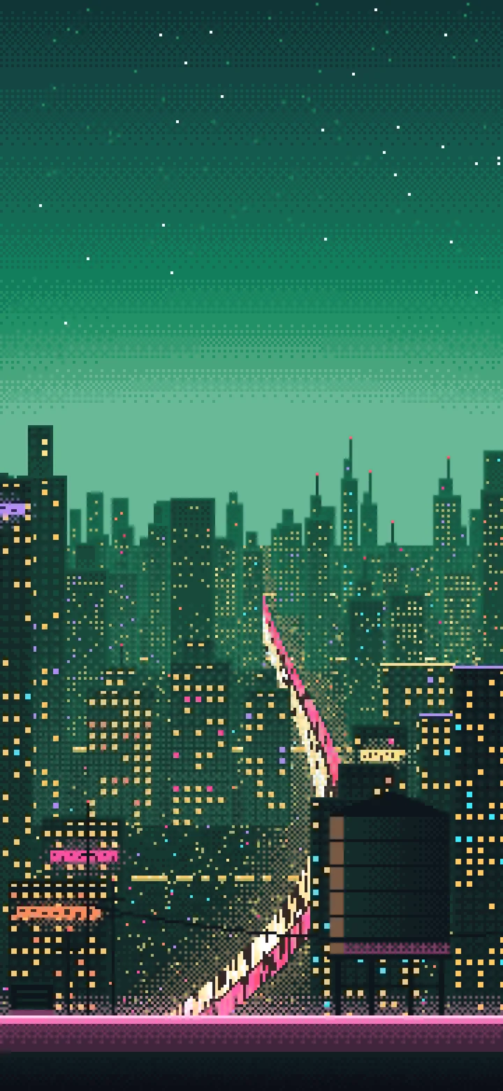 Emerald Pixel Art Cyberpunk Rooftop City View wallpaper for iPhone and Android