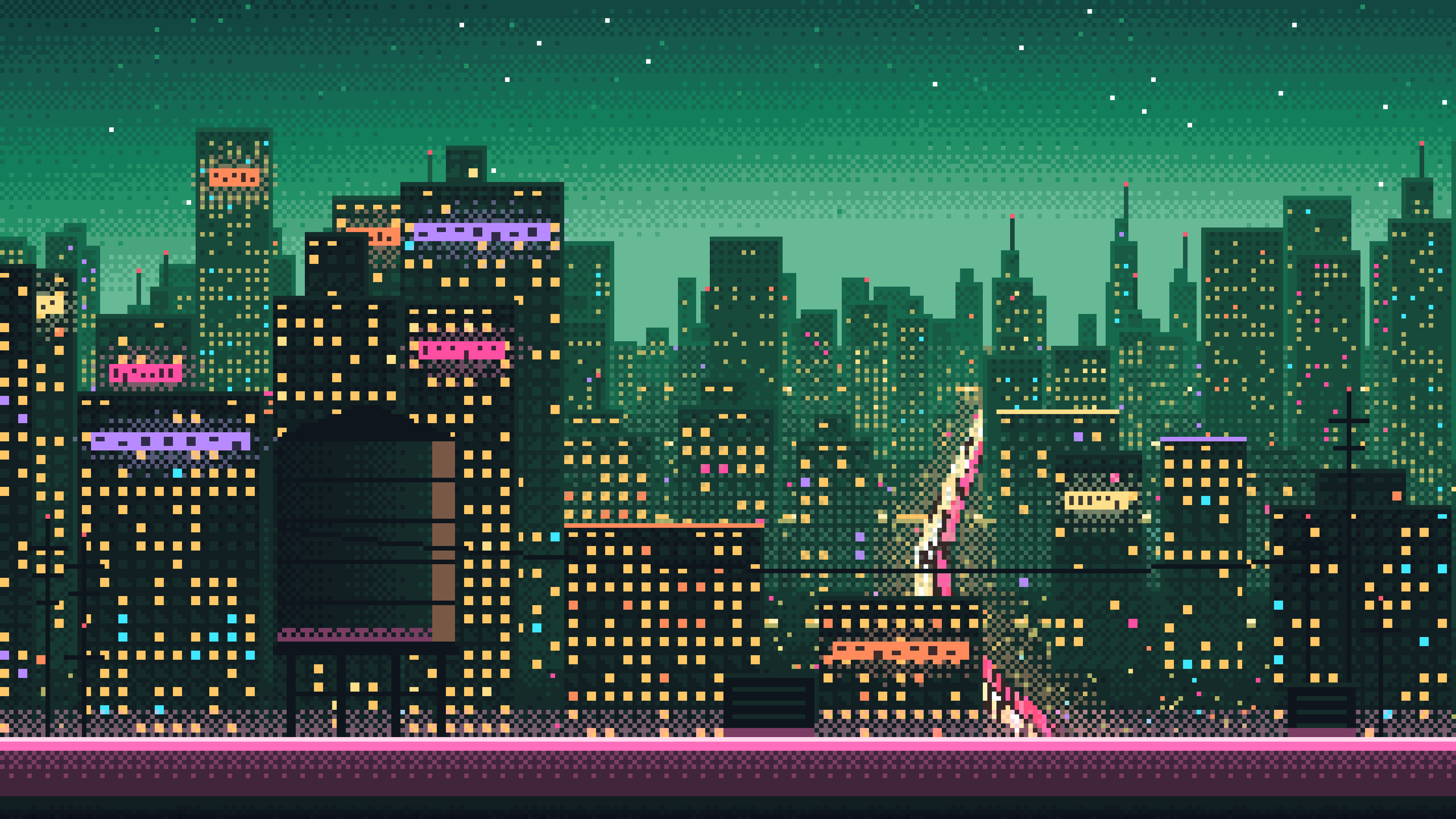 Emerald Pixel Art Cyberpunk Rooftop City View desktop wallpaper in 4K
