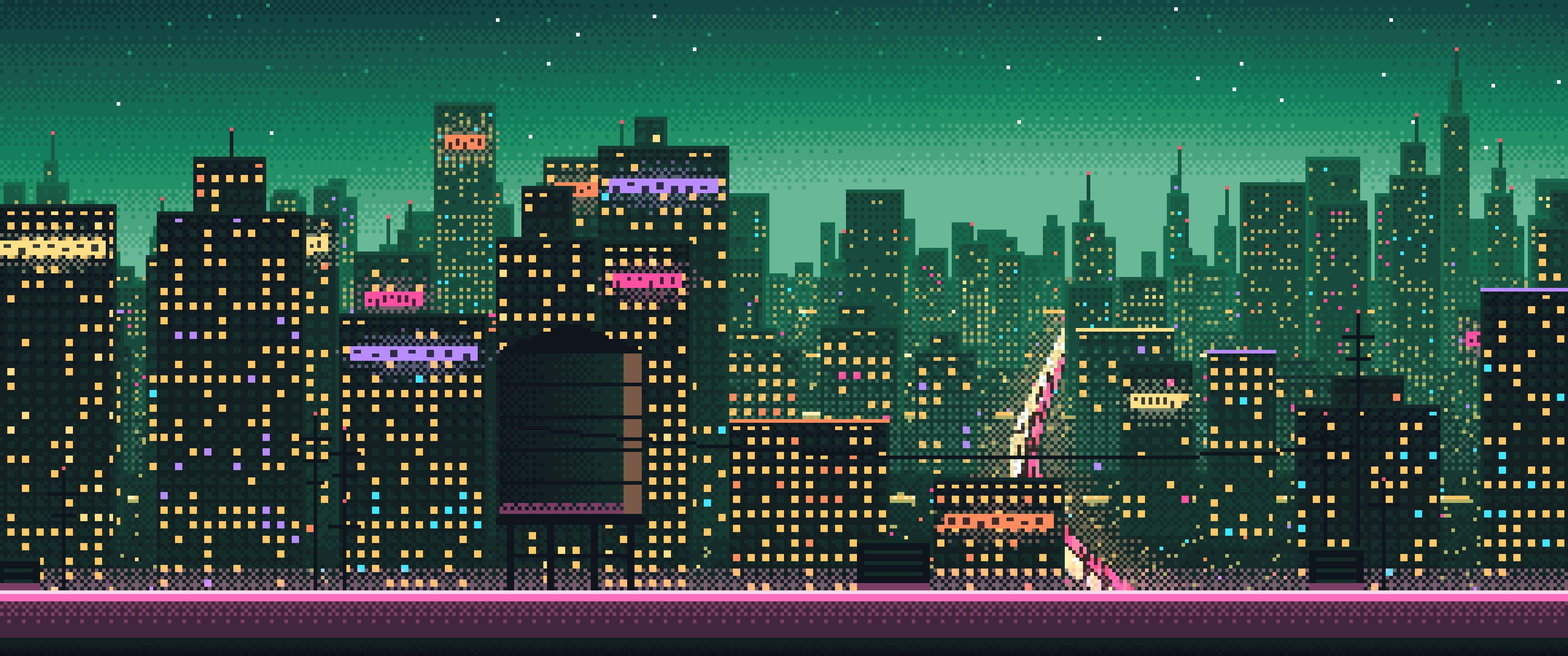 Emerald Pixel Art Cyberpunk Rooftop City View ultrawide wallpaper, 3440 × 1440
