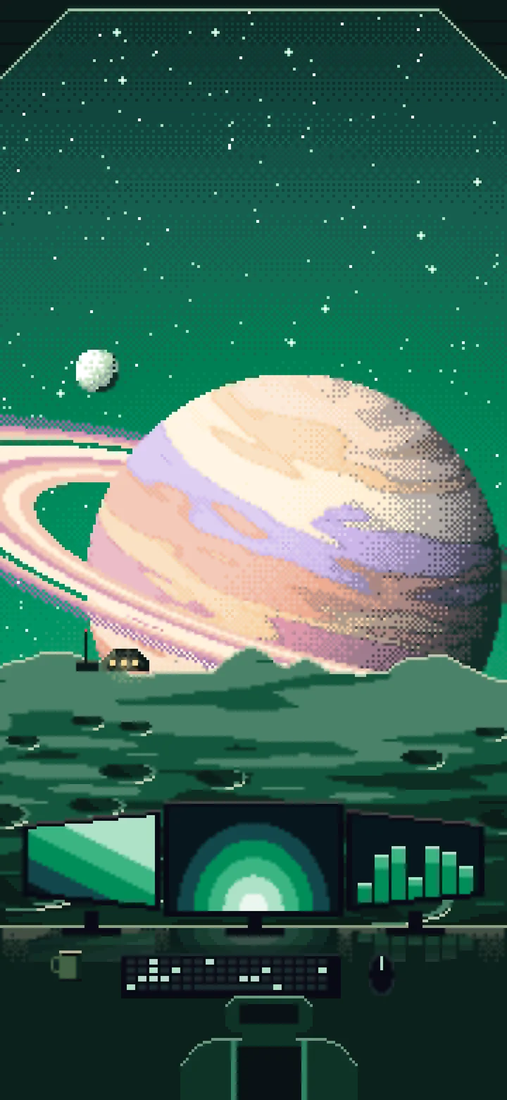 Emerald Pixel Art Gaming Setup Before a Ringed Planet wallpaper for iPhone and Android