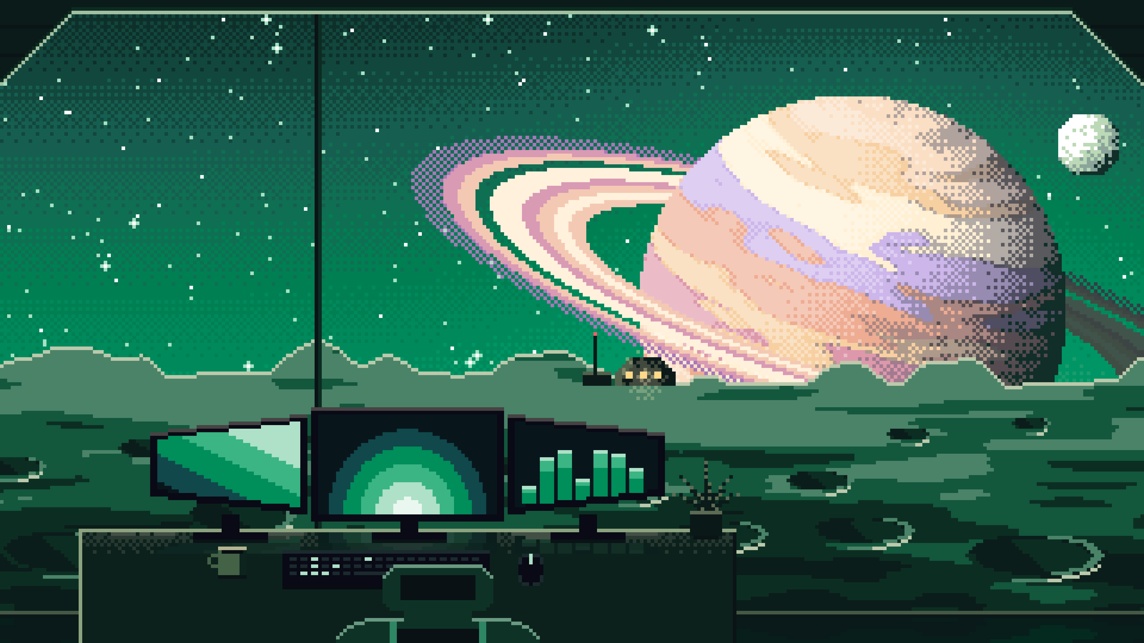 Emerald Pixel Art Gaming Setup Before a Ringed Planet desktop wallpaper in 4K