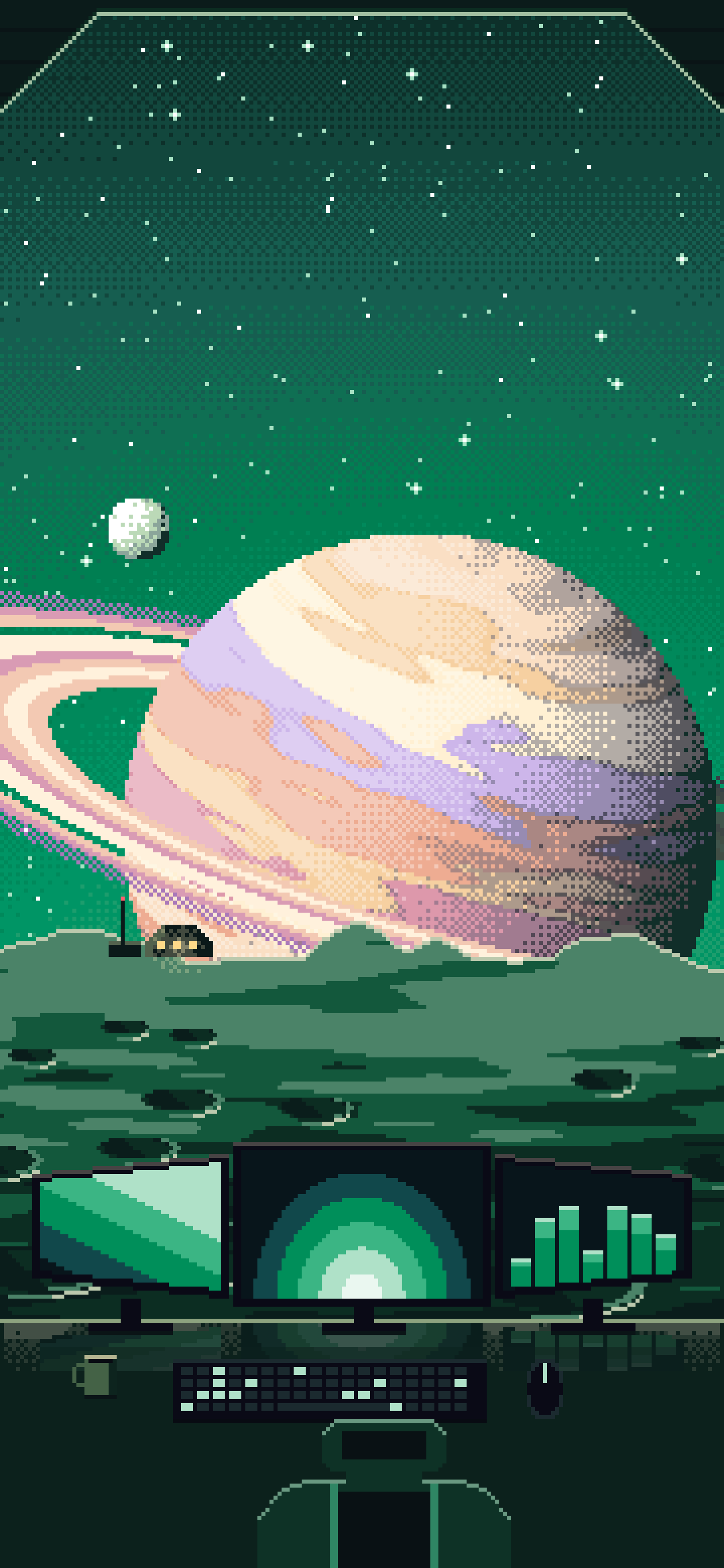 Emerald Pixel Art Gaming Setup Before a Ringed Planet wallpaper for iPhone and Android
