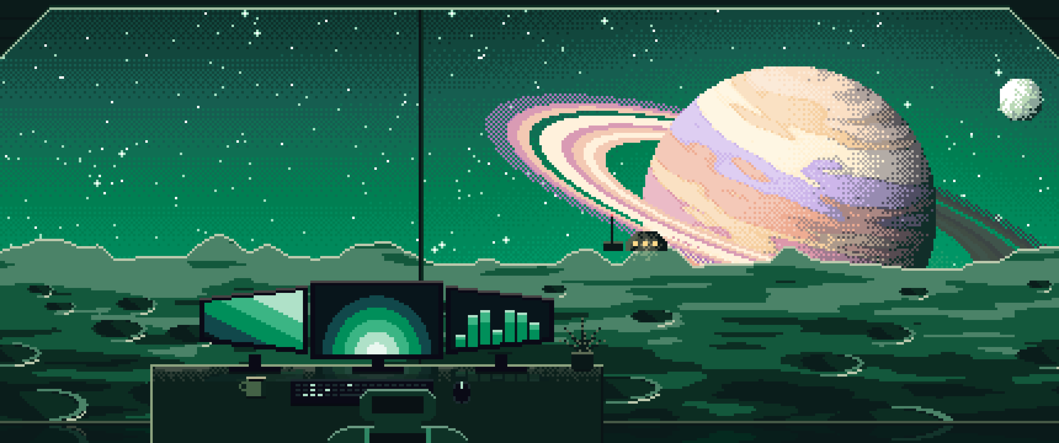 Emerald Pixel Art Gaming Setup Before a Ringed Planet ultrawide wallpaper, 3440 × 1440