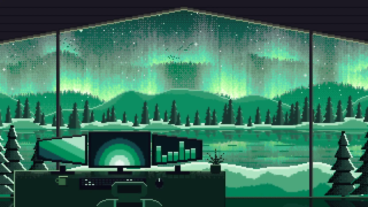 Emerald Pixel Art Gaming Setup Under the Northern Lights desktop wallpaper in 4K