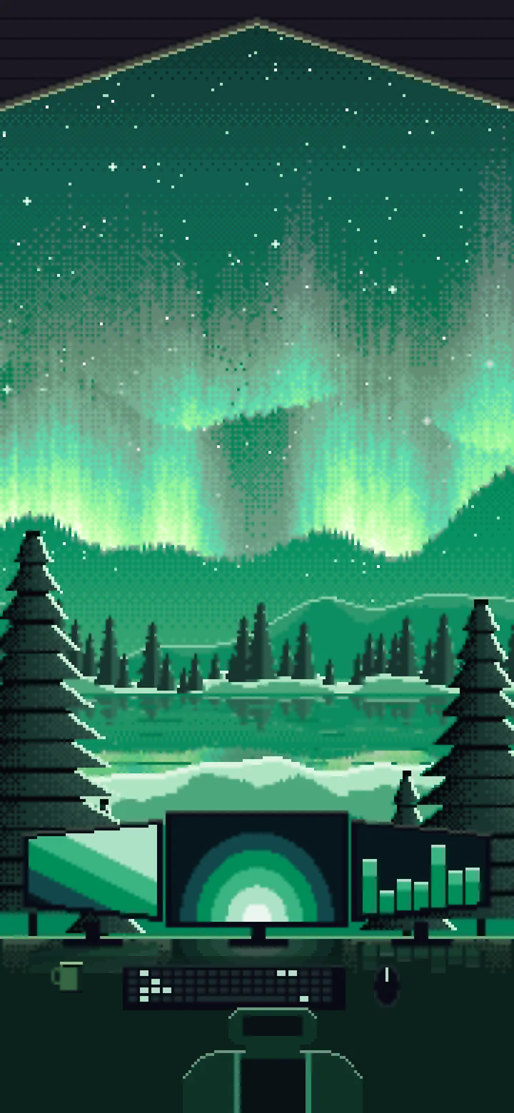 Emerald Pixel Art Gaming Setup Under the Northern Lights wallpaper for iPhone and Android