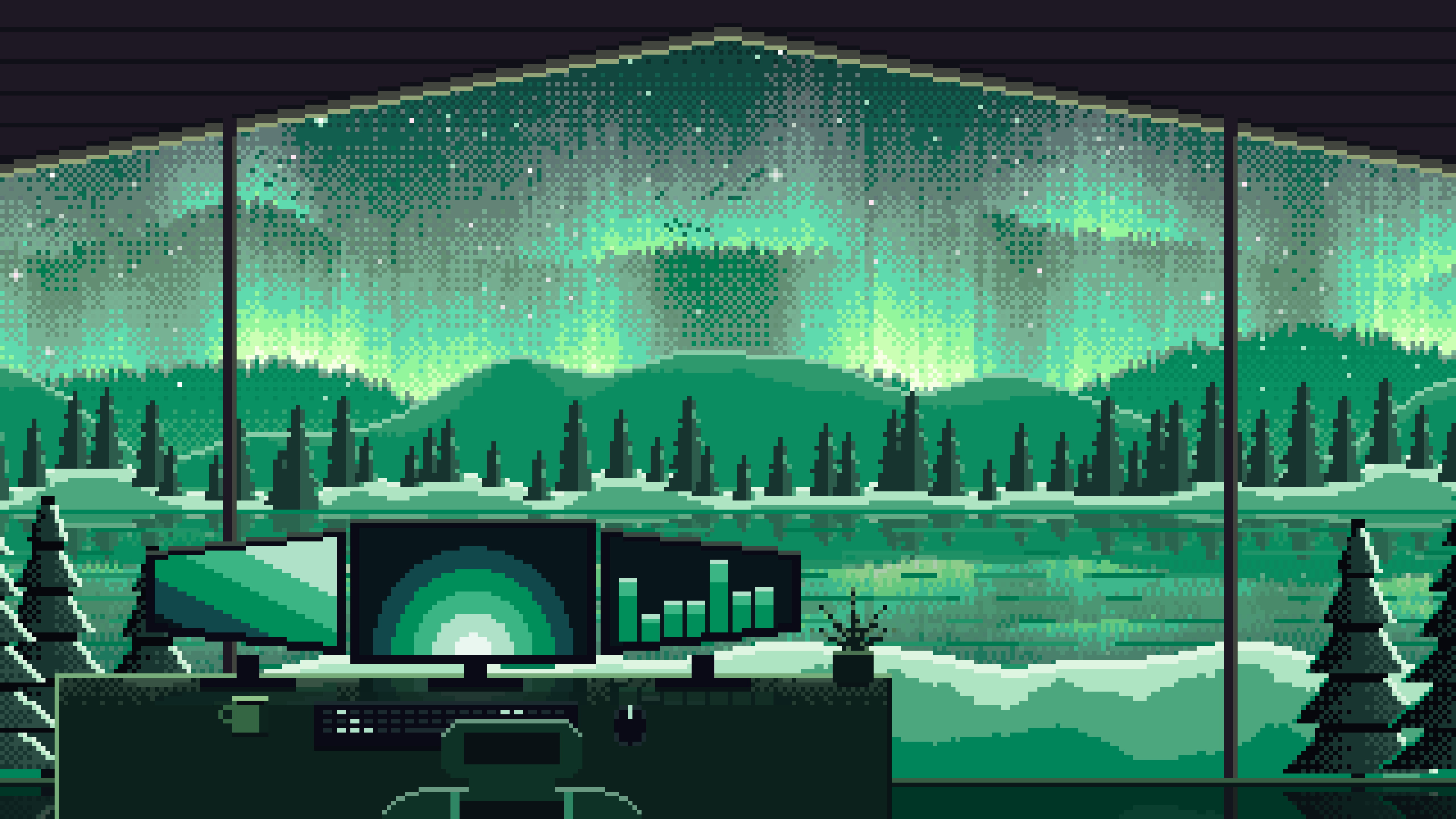 Emerald Pixel Art Gaming Setup Under the Northern Lights desktop wallpaper in 4K