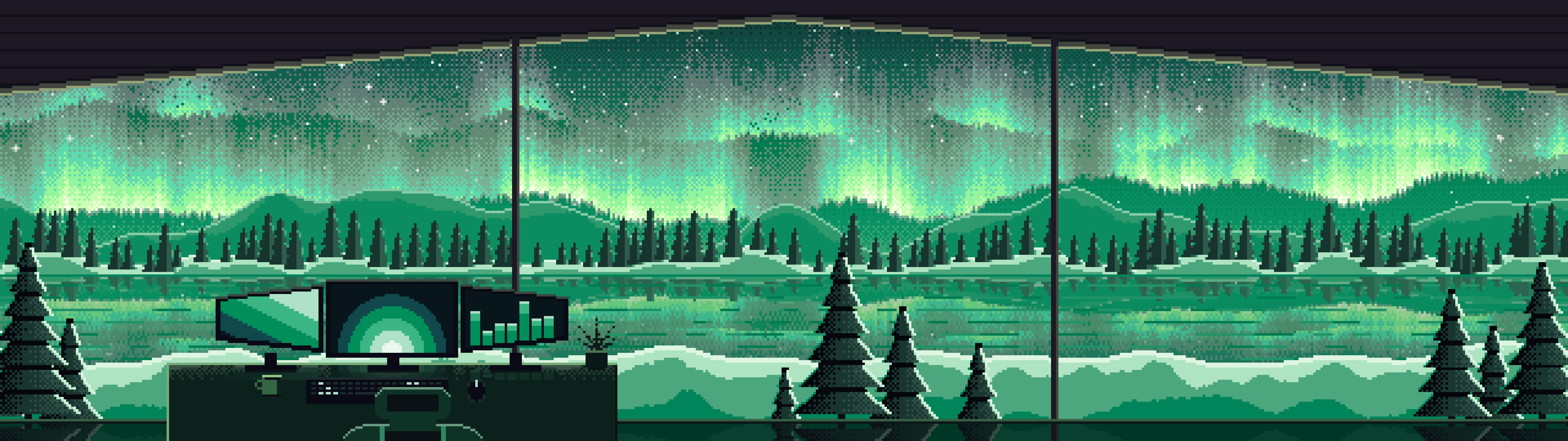 Emerald Pixel Art Gaming Setup Under the Northern Lights dual monitor wallpaper, 7680 × 2160