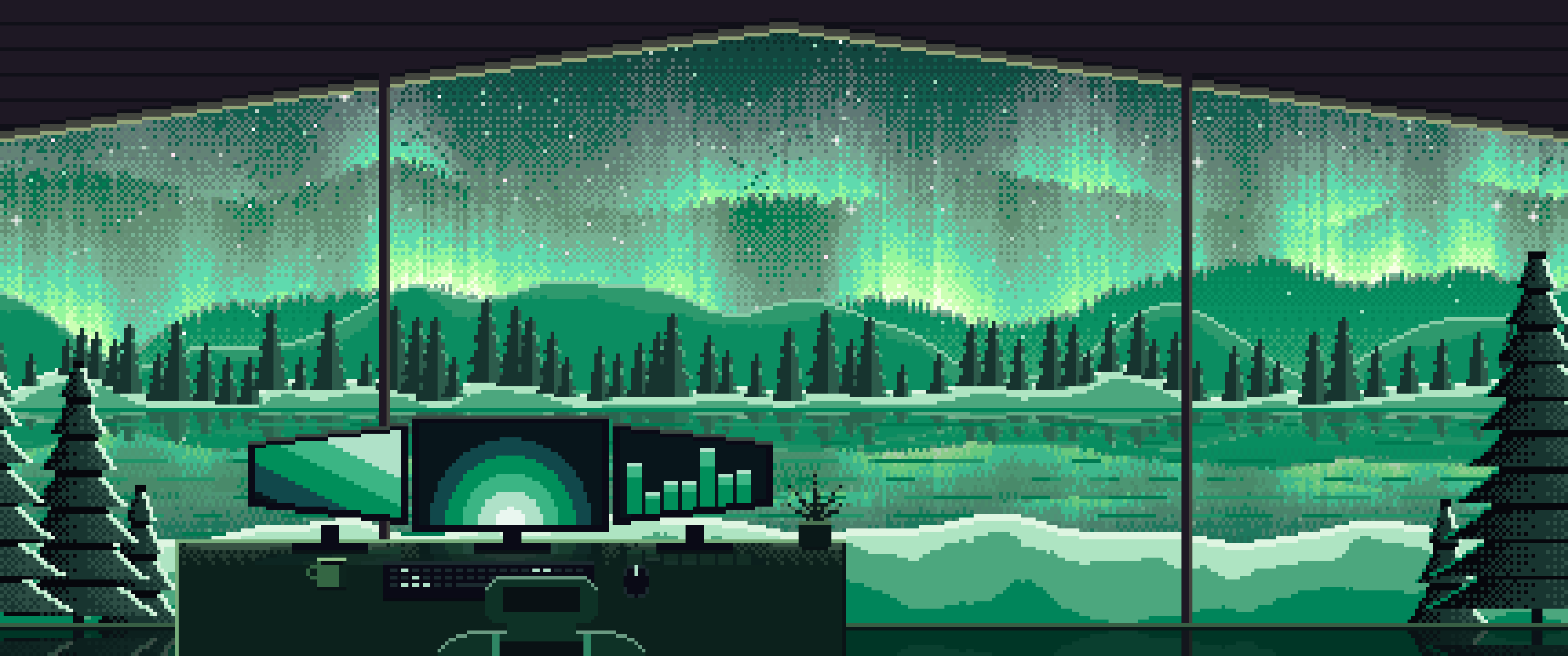 Emerald Pixel Art Gaming Setup Under the Northern Lights ultrawide wallpaper, 3440 × 1440