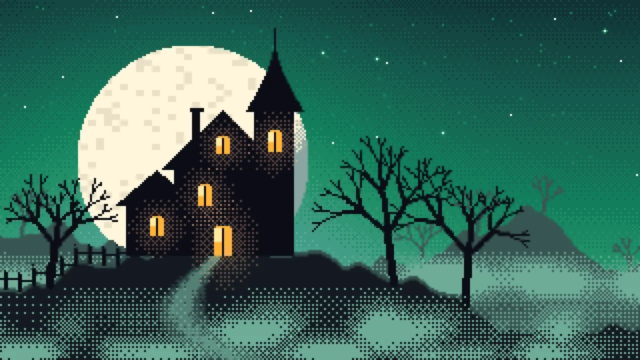 Emerald Pixel Art Haunted House desktop wallpaper in 4K