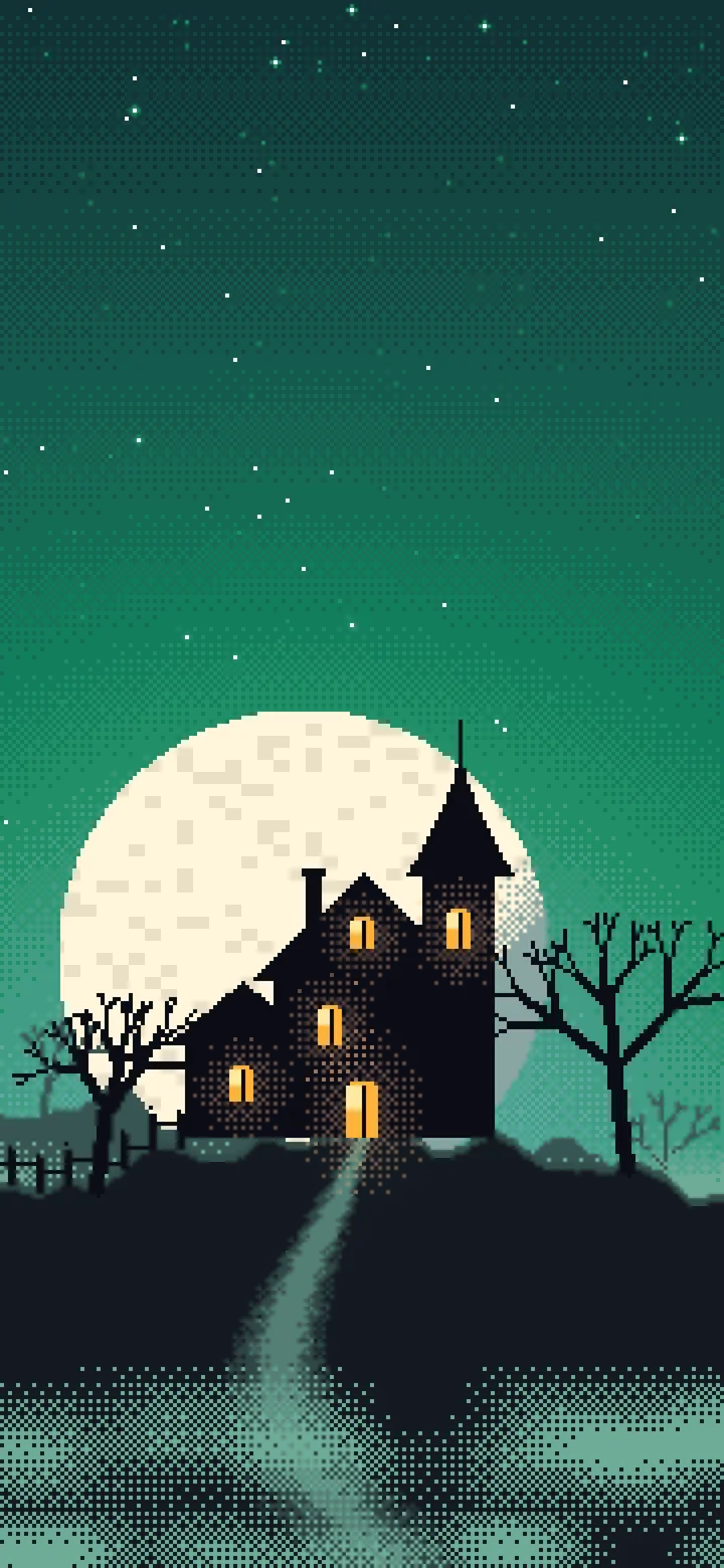 Emerald Pixel Art Haunted House wallpaper for iPhone and Android
