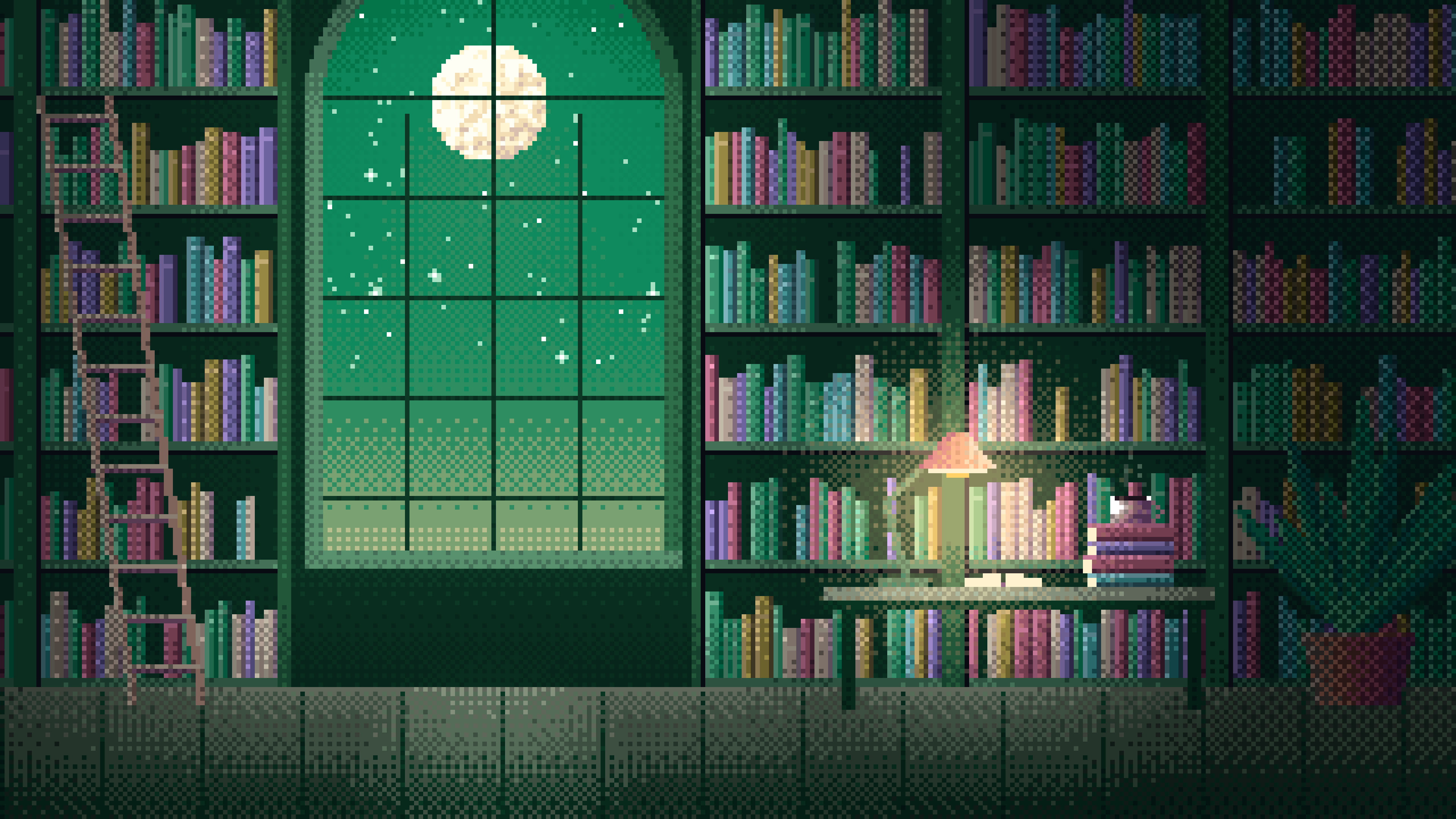 Emerald Pixel Art Library desktop wallpaper in 4K