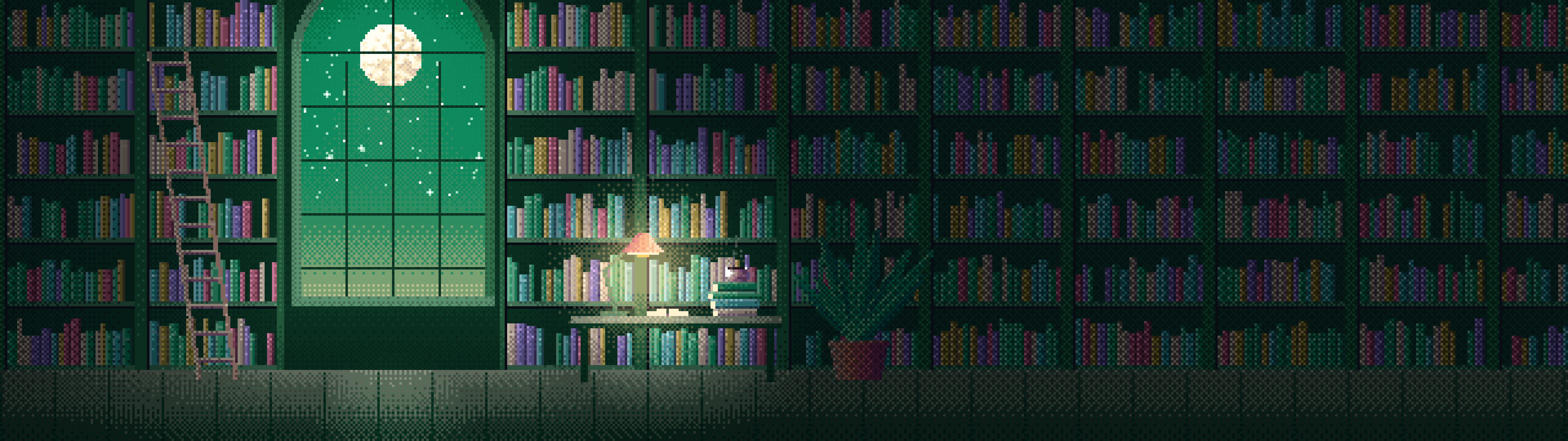 Emerald Pixel Art Library dual monitor wallpaper, 7680 × 2160