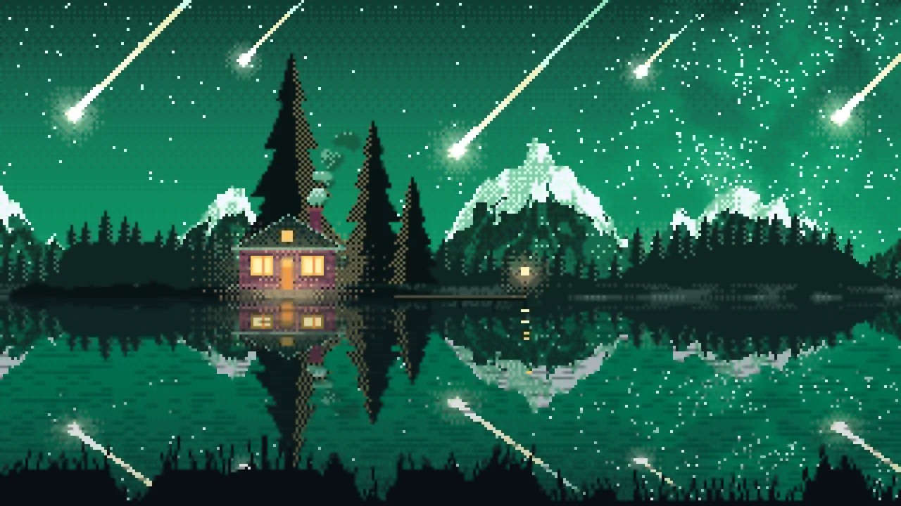 Emerald Pixel Art Meteor Shower over a Lake desktop wallpaper in 4K