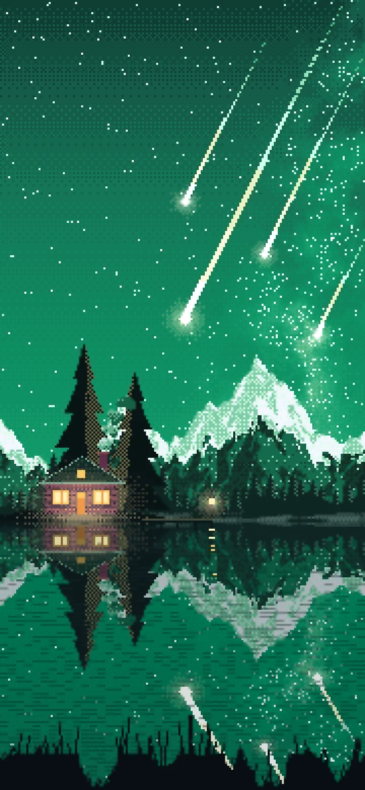 Emerald Pixel Art Meteor Shower over a Lake wallpaper for iPhone and Android
