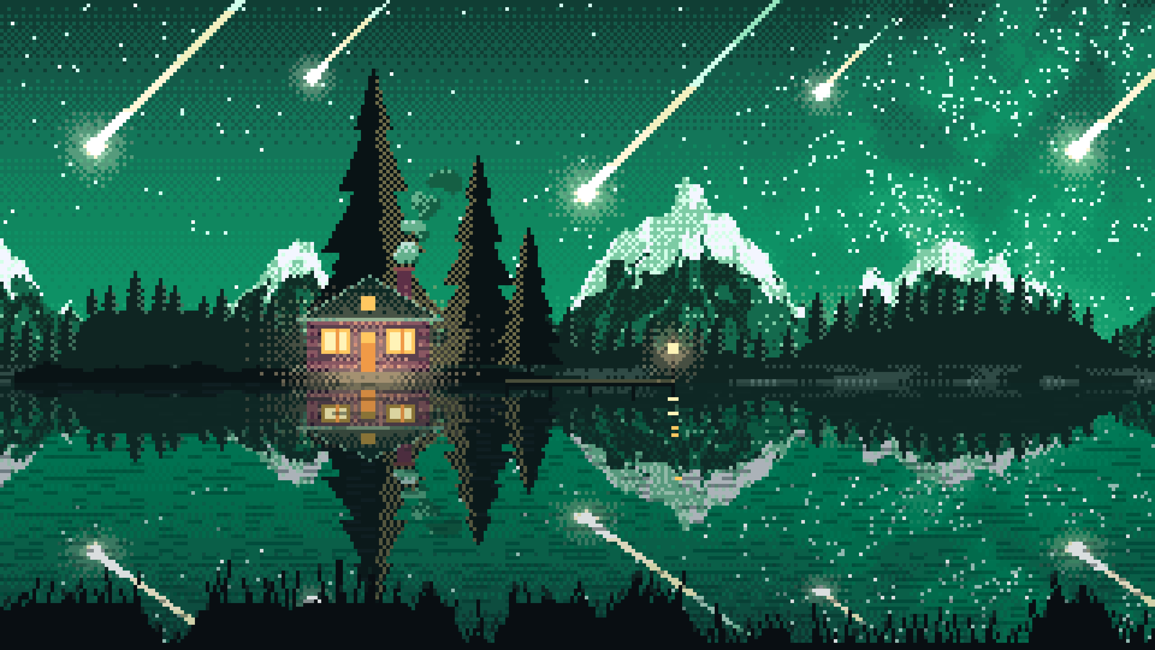 Emerald Pixel Art Meteor Shower over a Lake desktop wallpaper in 4K