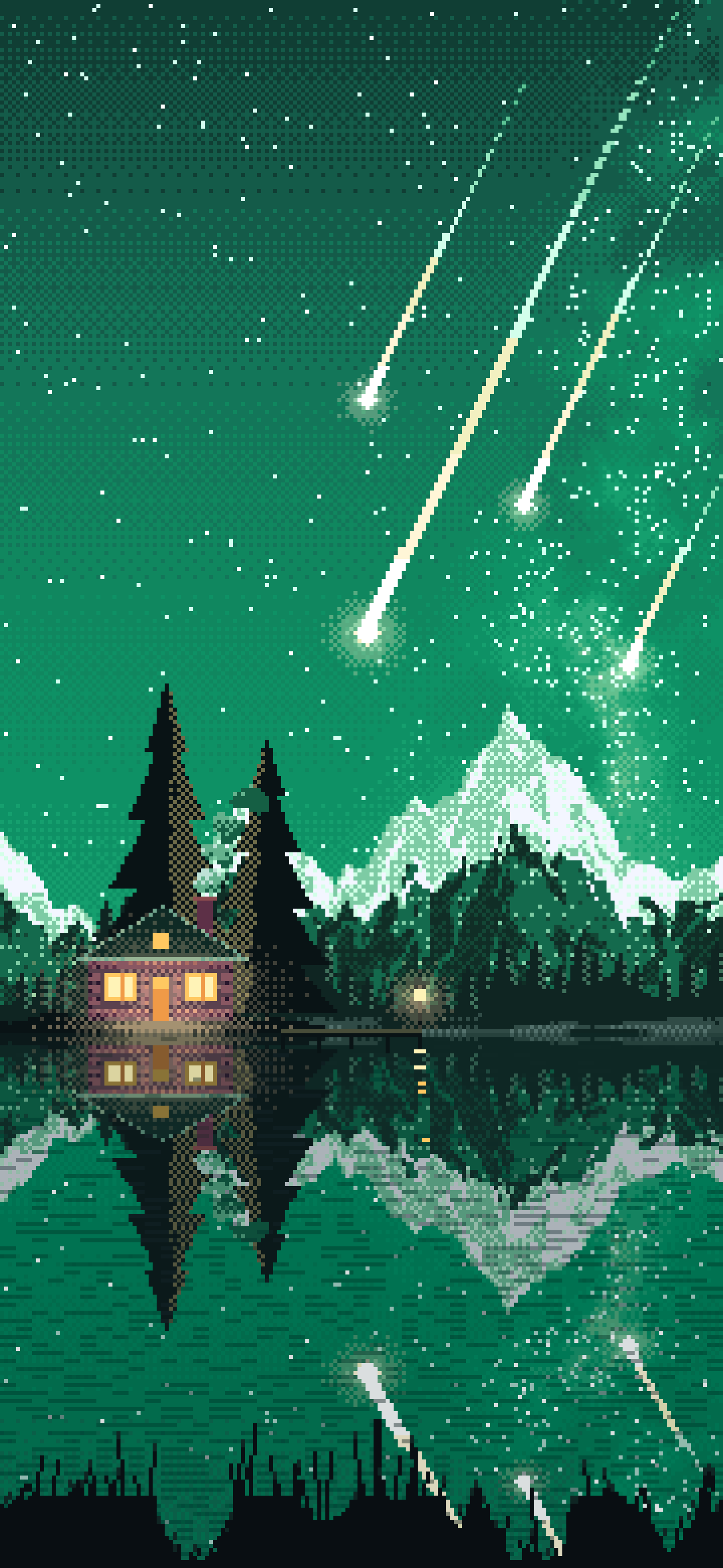 Emerald Pixel Art Meteor Shower over a Lake wallpaper for iPhone and Android
