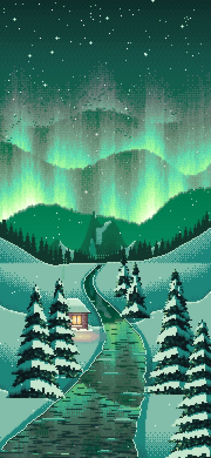 Emerald Pixel Art Northern Lights Over a Snowy Valley wallpaper for iPhone and Android