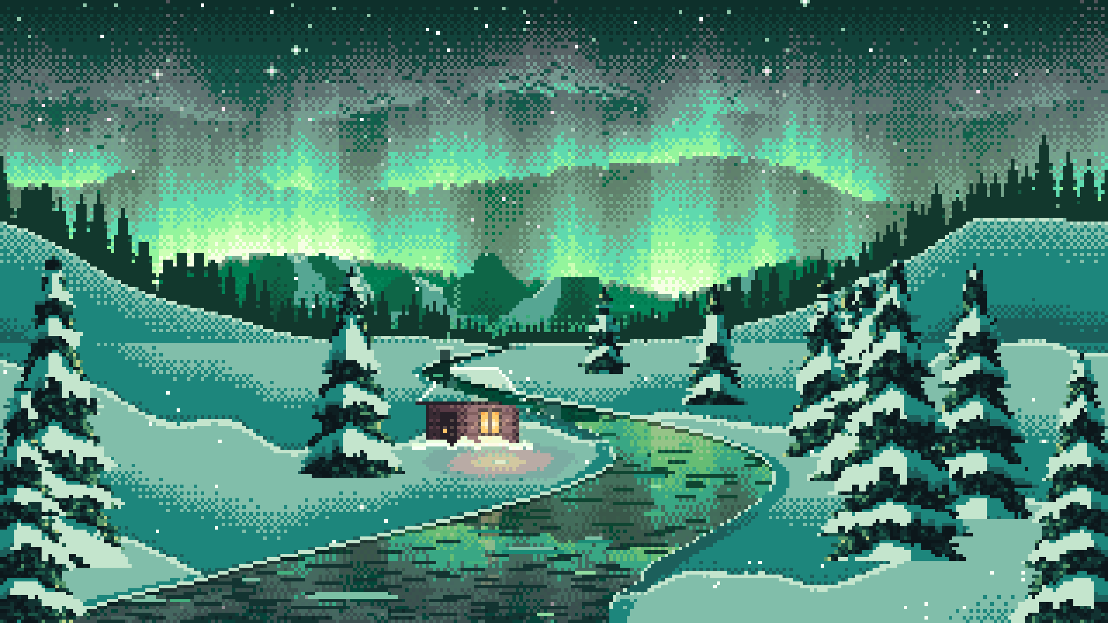 Emerald Pixel Art Northern Lights Over a Snowy Valley desktop wallpaper in 4K