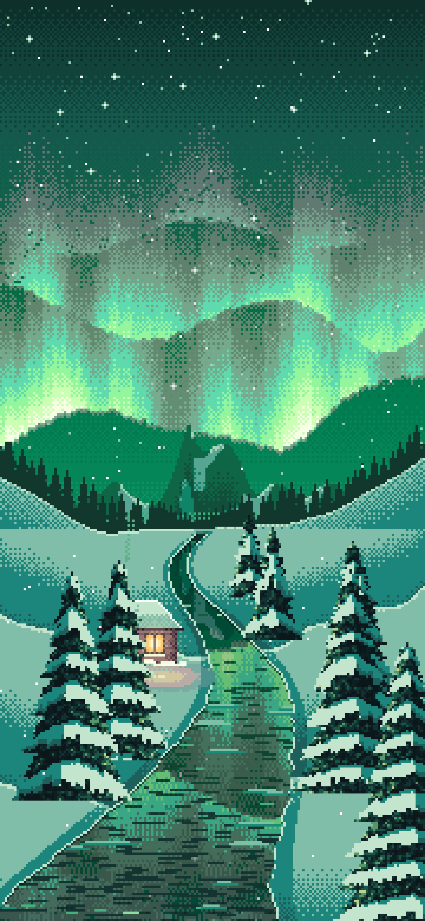 Emerald Pixel Art Northern Lights Over a Snowy Valley wallpaper for iPhone and Android