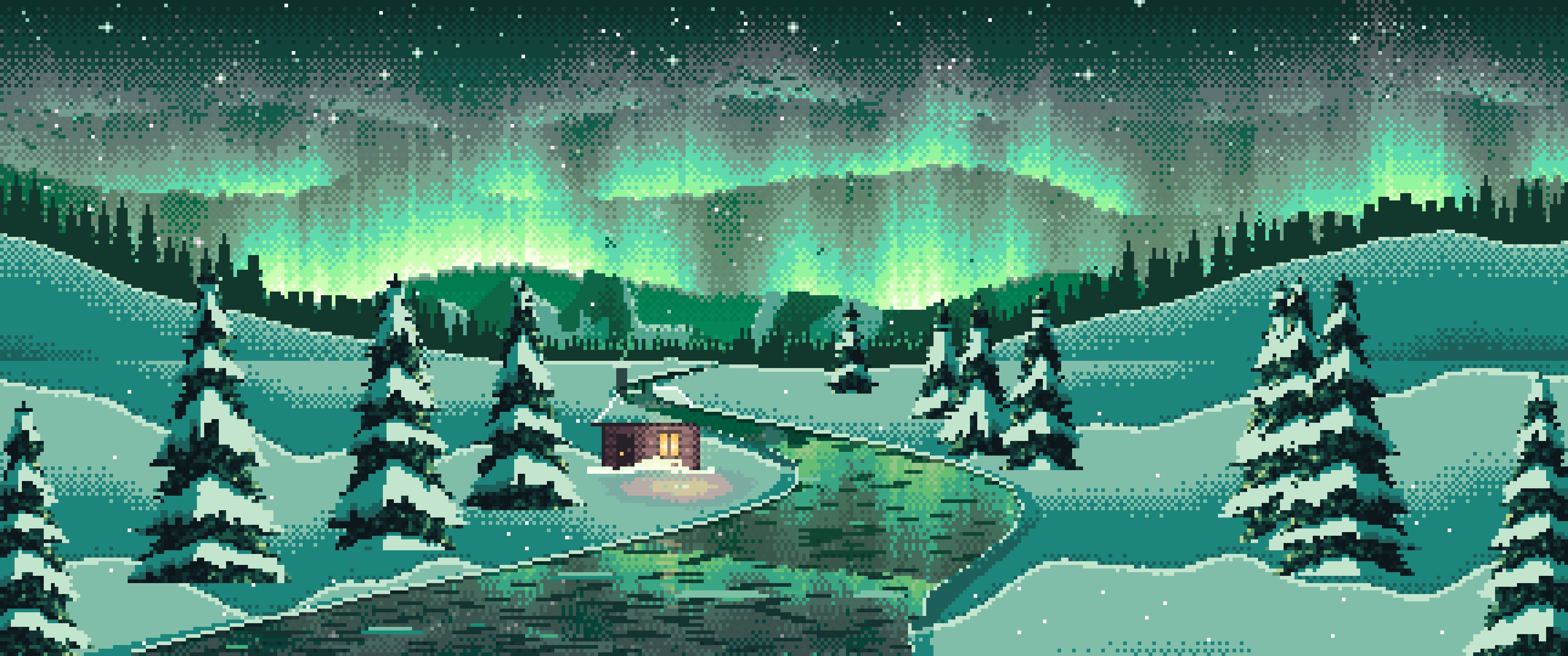 Emerald Pixel Art Northern Lights Over a Snowy Valley ultrawide wallpaper, 3440 × 1440