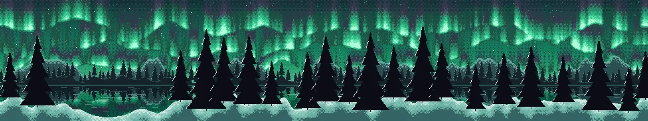 Emerald Pixel Art Northern Lights triple monitor wallpaper, 7680 × 1440