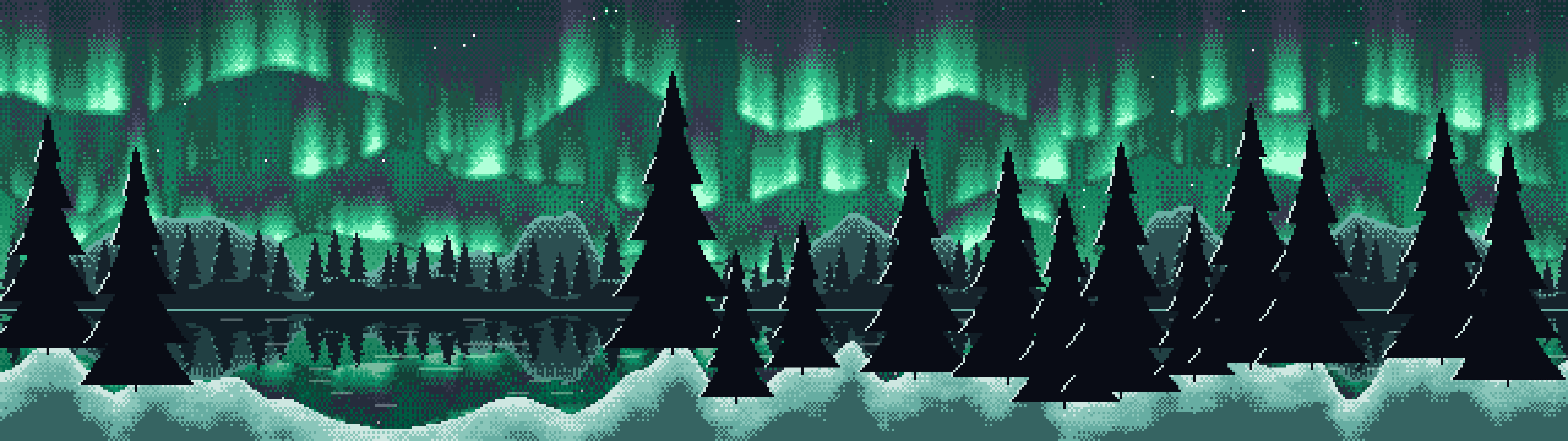 Emerald Pixel Art Northern Lights dual monitor wallpaper, 7680 × 2160