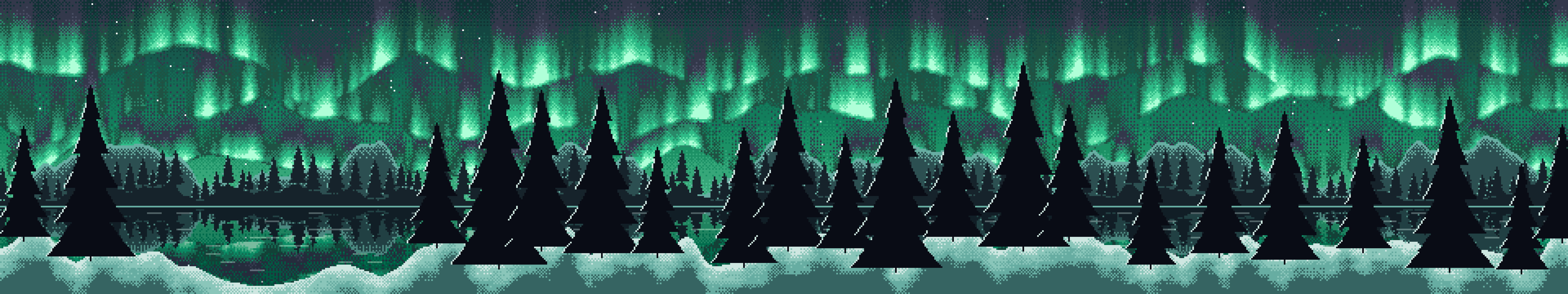 Emerald Pixel Art Northern Lights triple monitor wallpaper, 7680 × 1440