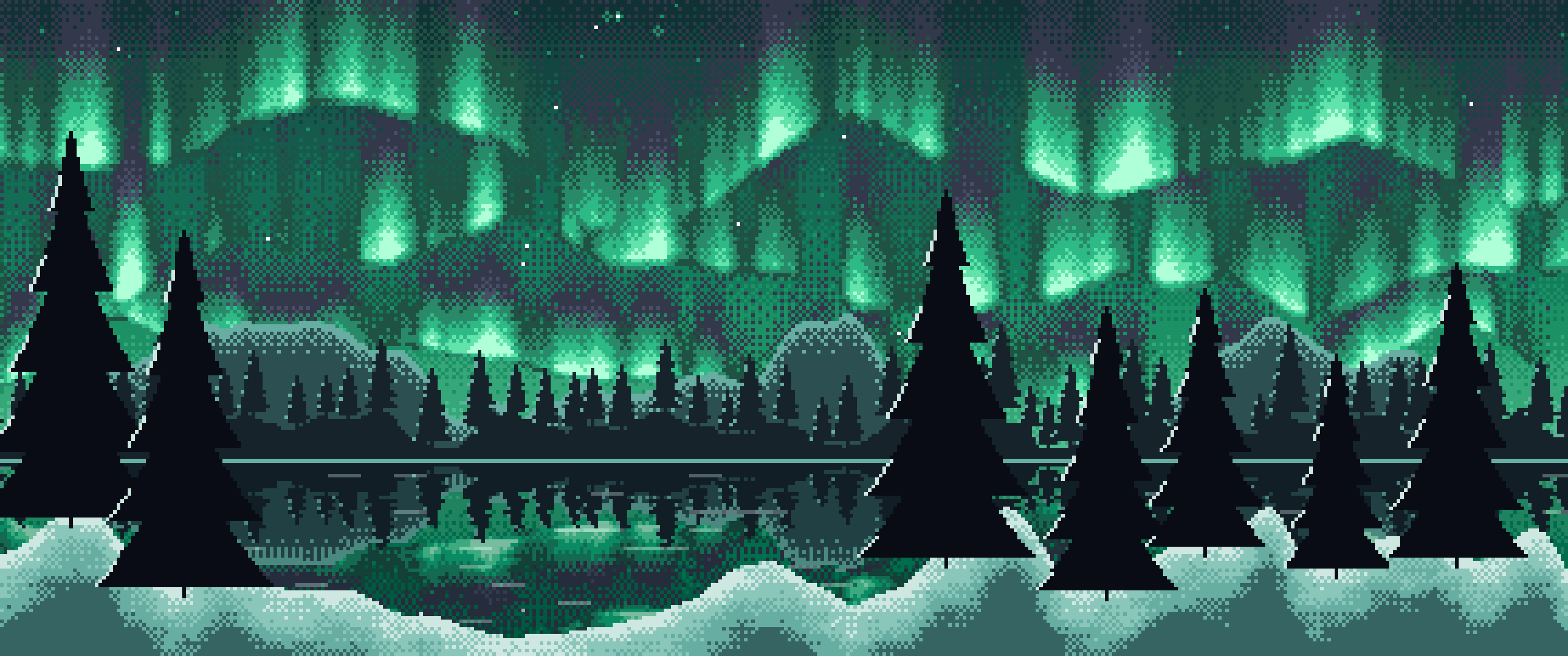 Emerald Pixel Art Northern Lights ultrawide wallpaper, 3440 × 1440