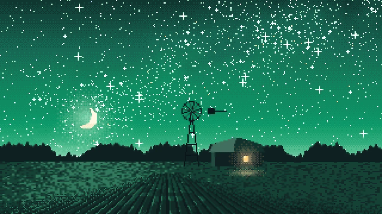 Emerald Pixel Art Starry Night Sky Over a Field desktop wallpaper in 4K